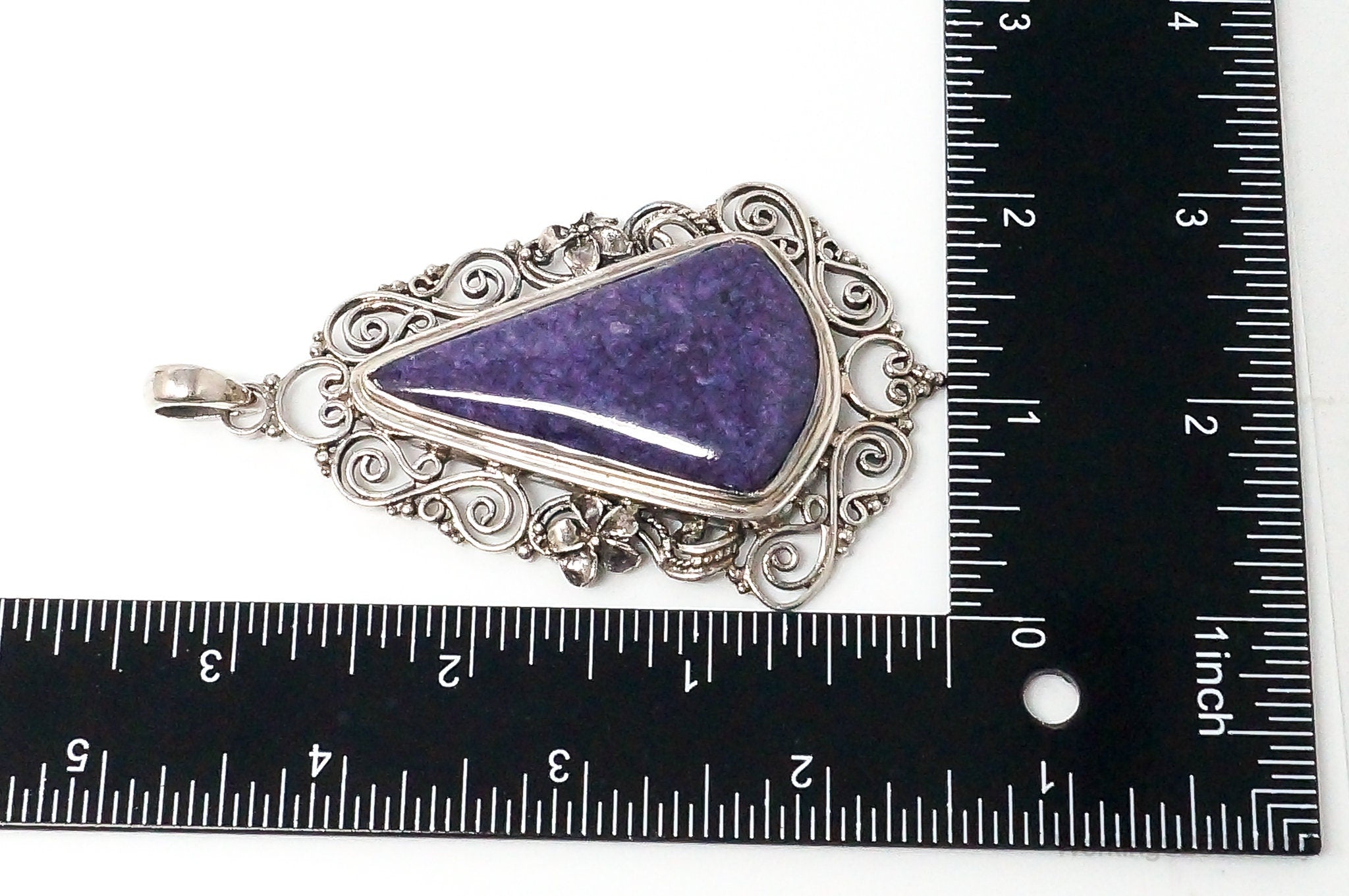 Vintage Purple Charoite Sterling Silver Floral Scroll Statement Necklace Pendant