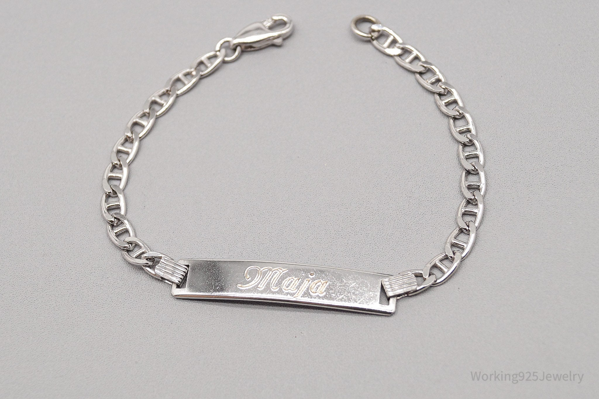 Vintage Mid Century "Maja" Name ID Bar Sterling Silver Bracelet - 6 5/8"