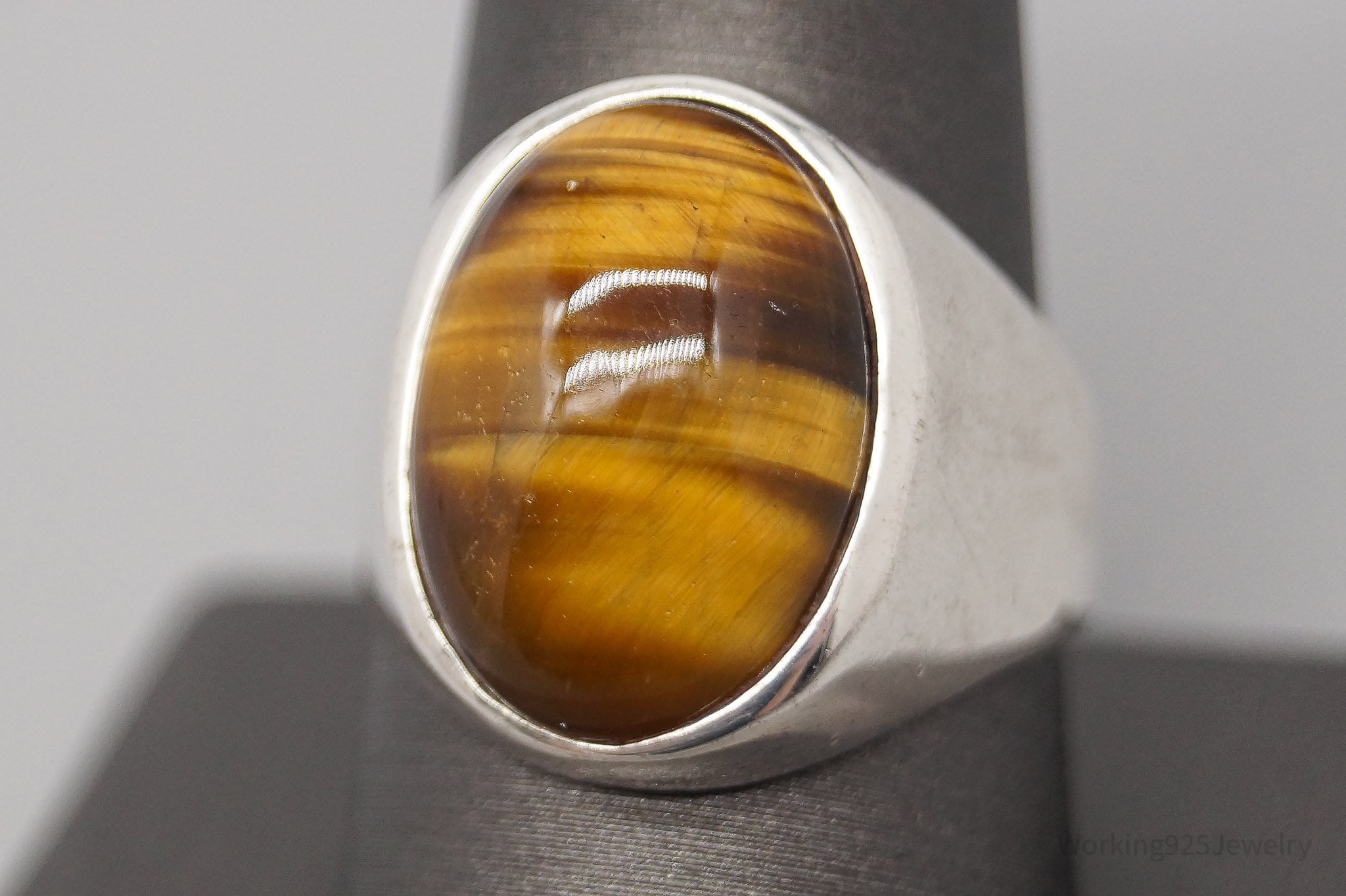 Vintage Large Tigers Eye Sterling Silver Ring - Size 9.75