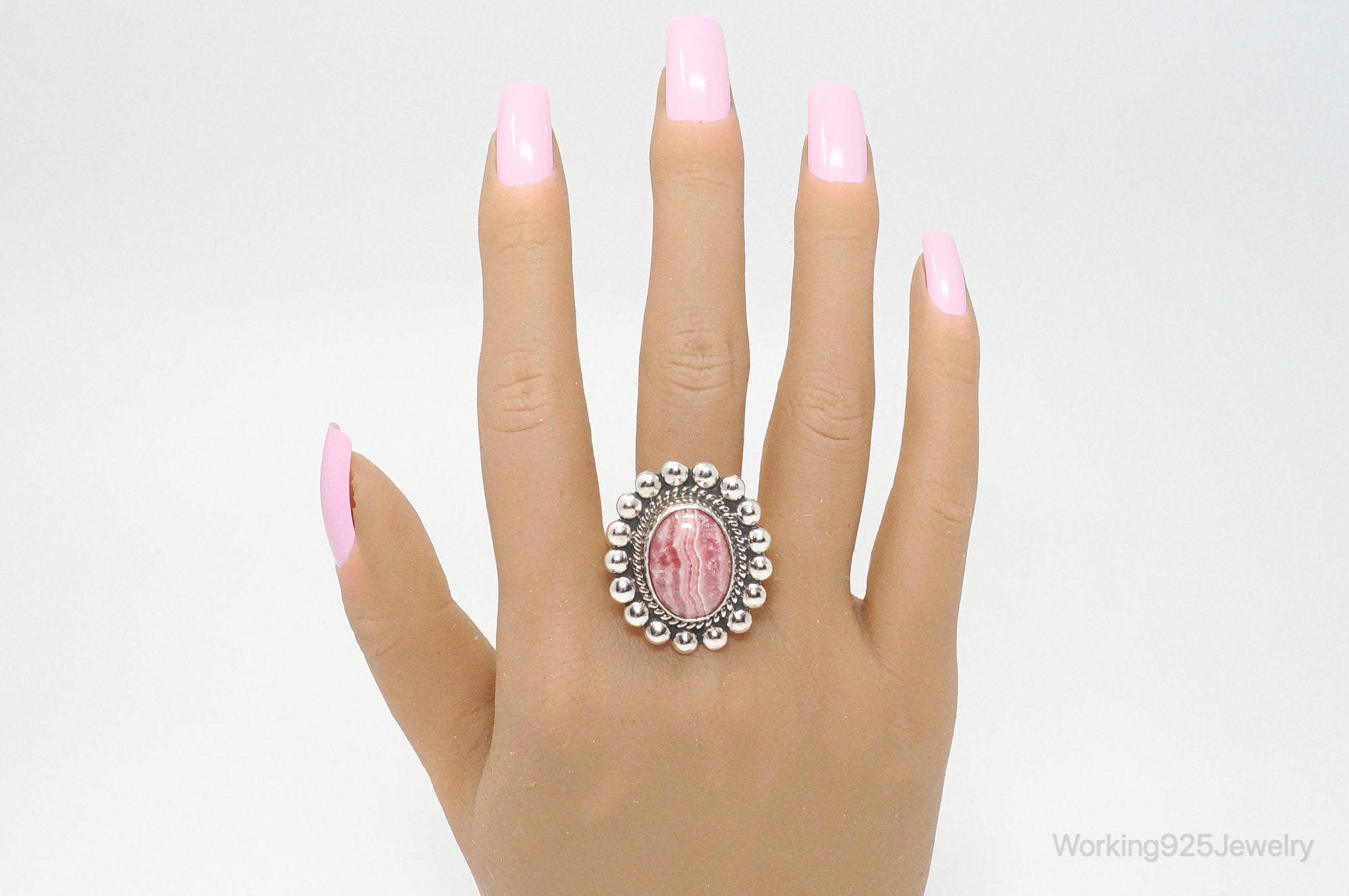 Vintage Mexico Artisan MWS Rhodochrosite Southwest Sterling Silver Ring Sz 9.75