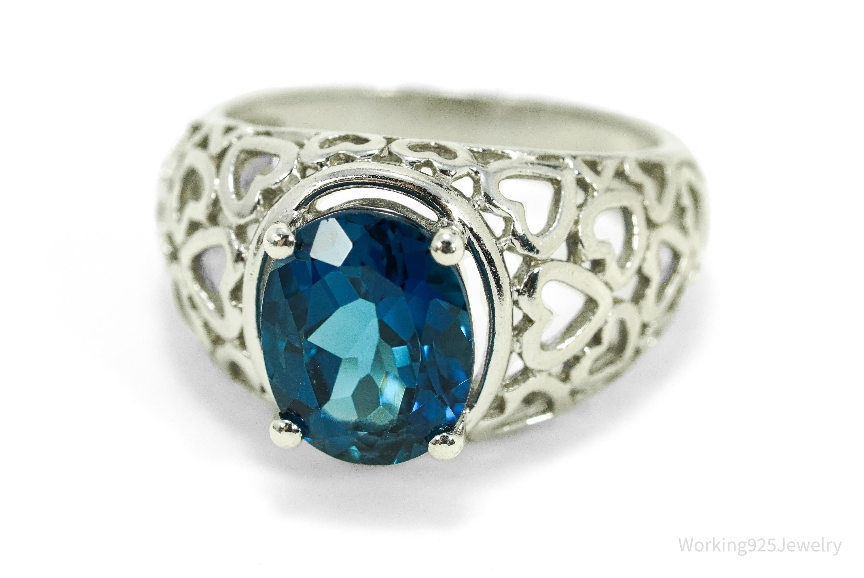 Vintage London Blue Topaz & Hearts Pattern Sterling Silver Ring - Size 6