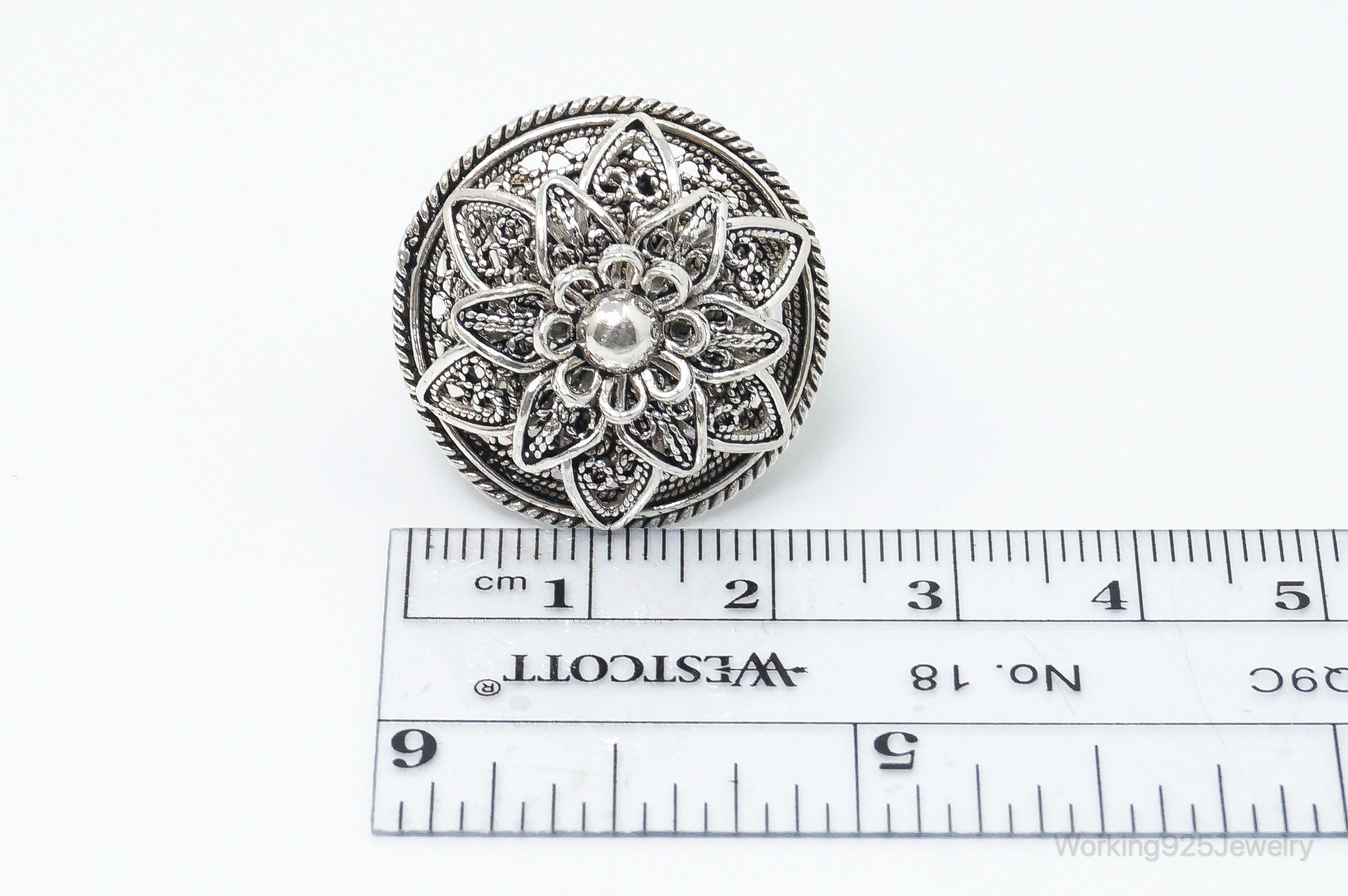 Vintage Turkey Designer DGS Flower Filigree Sterling Silver Ring - Size 6