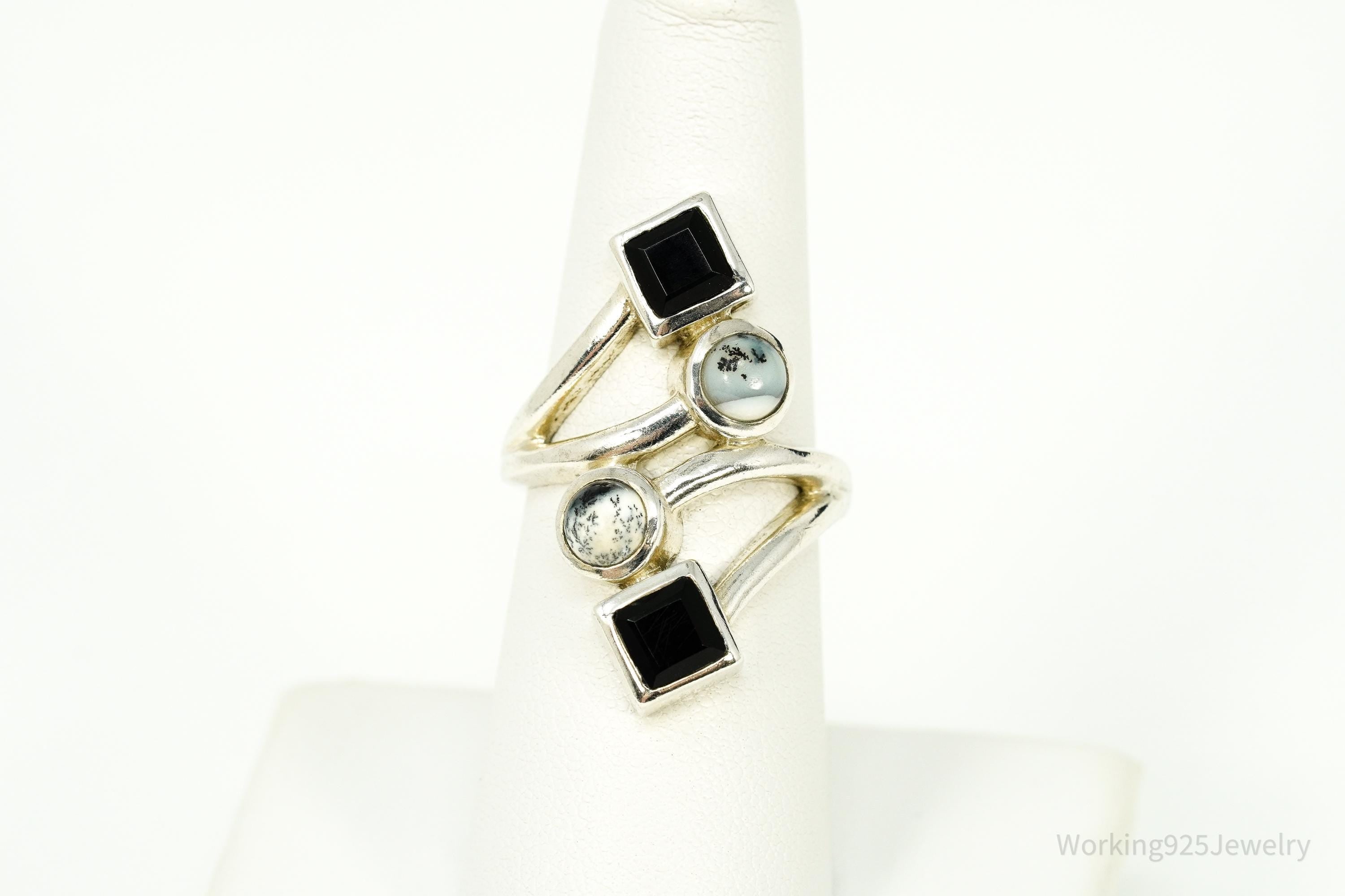 Vintage Dendritic Agate & Black Onyx Silver Ring - Size 6.75
