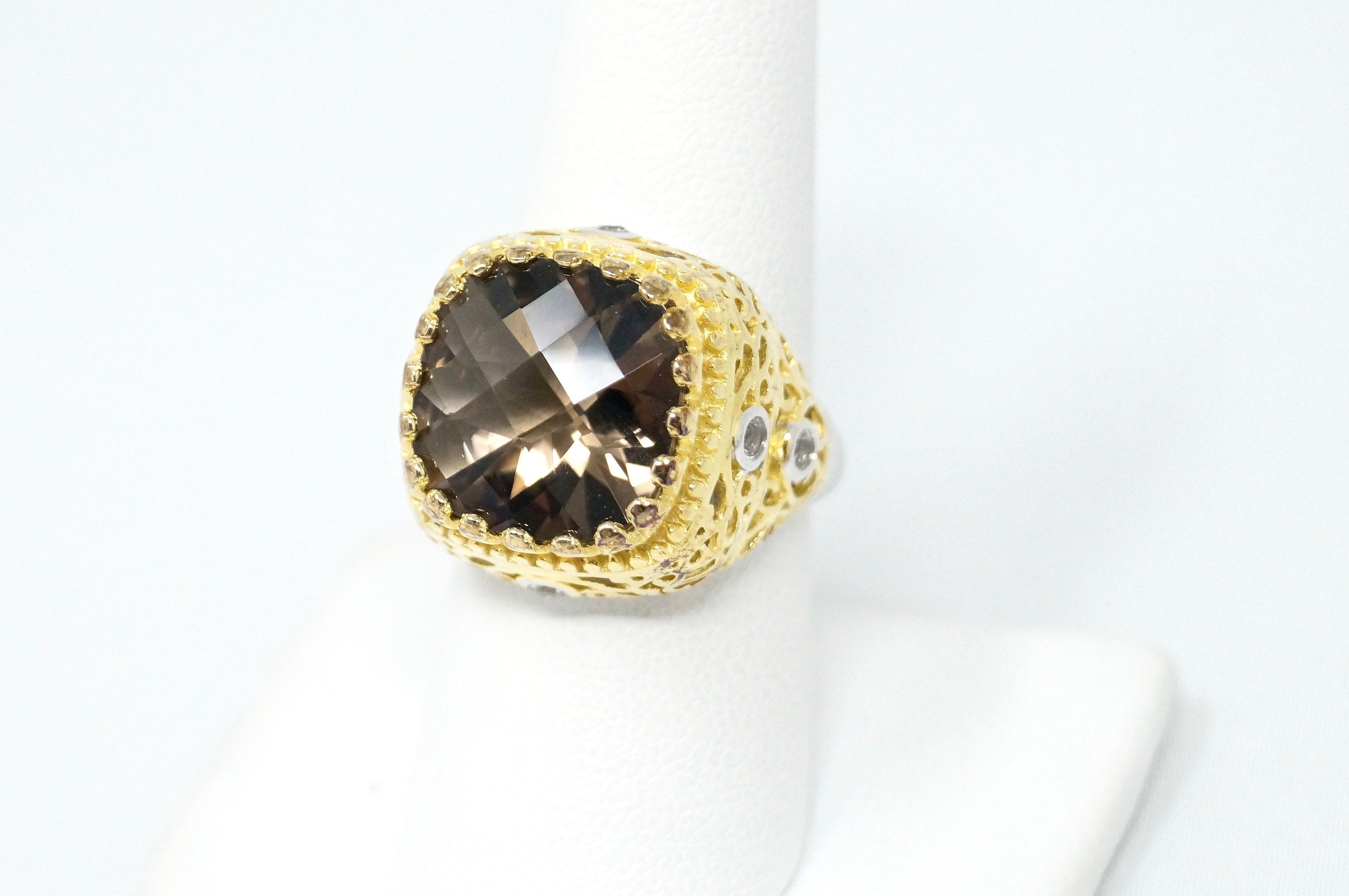 Vtg Designer HT Smoky Topaz White Sapphire Gold Vermeil Sterling Silver Ring Sz8