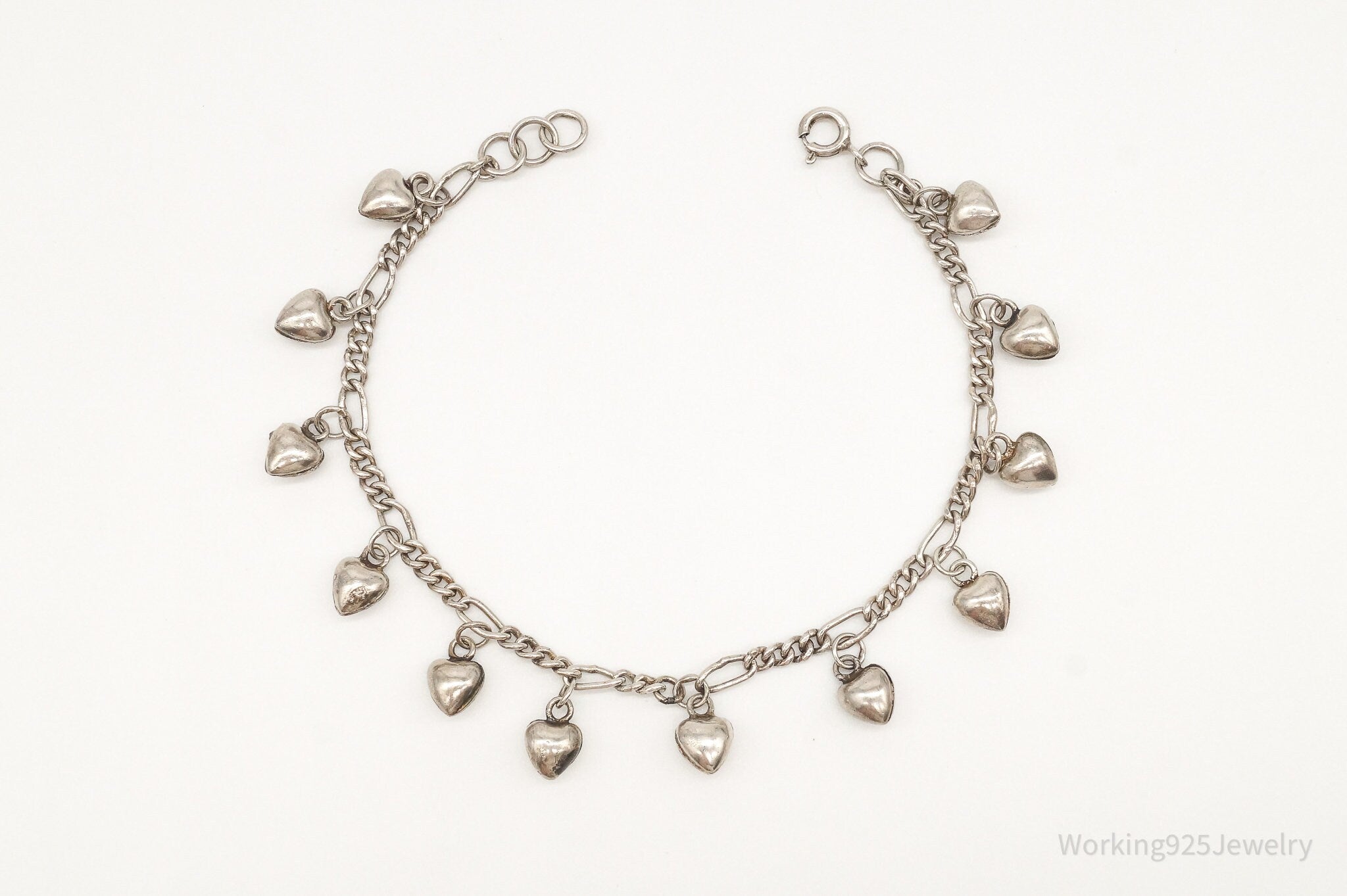 Vintage Mini Puffy Heart Charms Sterling Silver Chain Bracelet