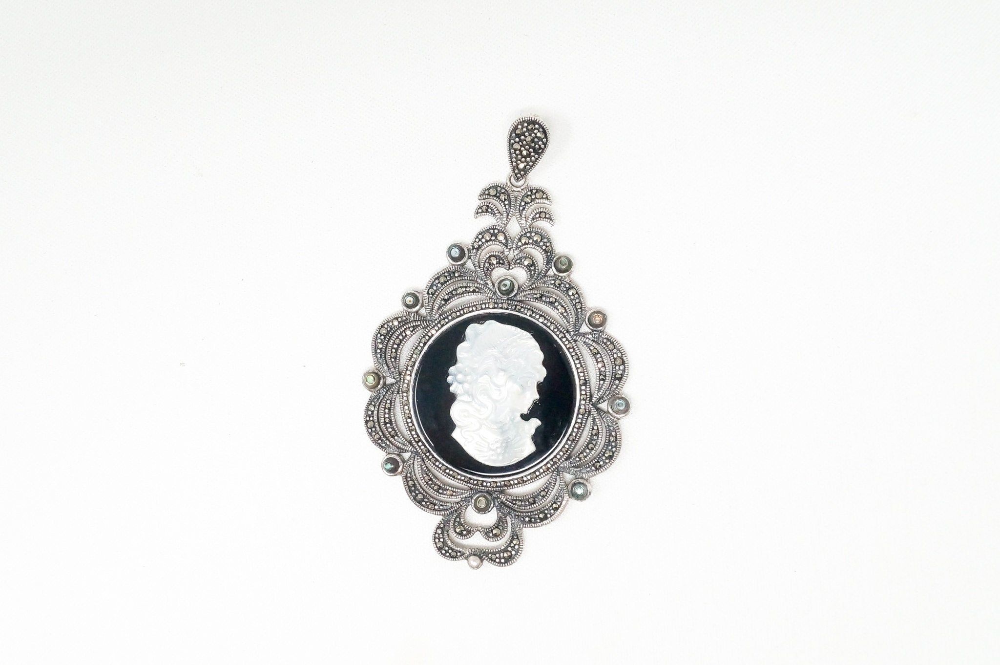 Vtg Carved Cameo Mother Of Pearl Marcasite Sterling Silver Necklace Pendant