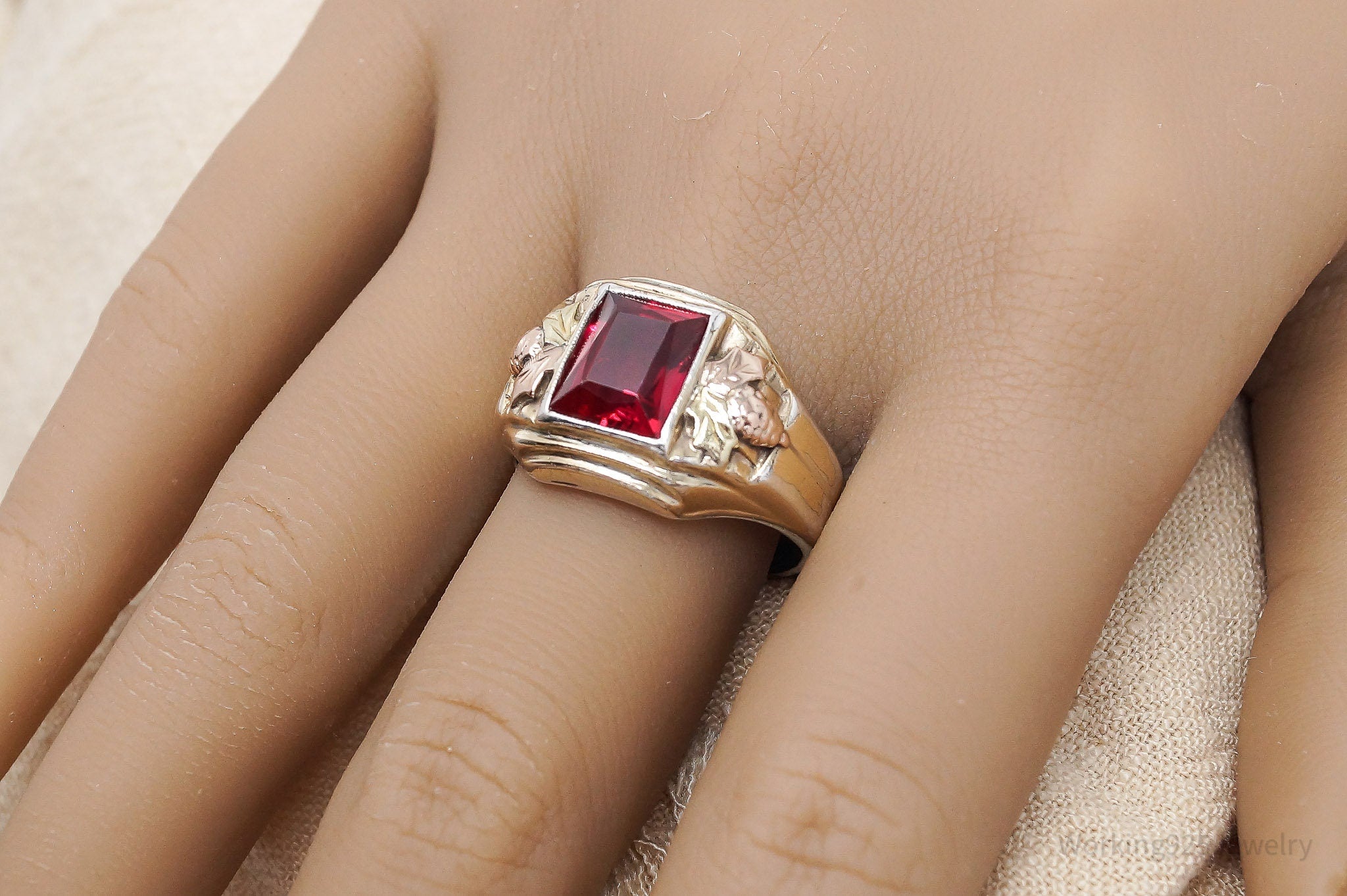 Antique Ruby 10K Gold Top Sterling Silver Ring - Size 9.75