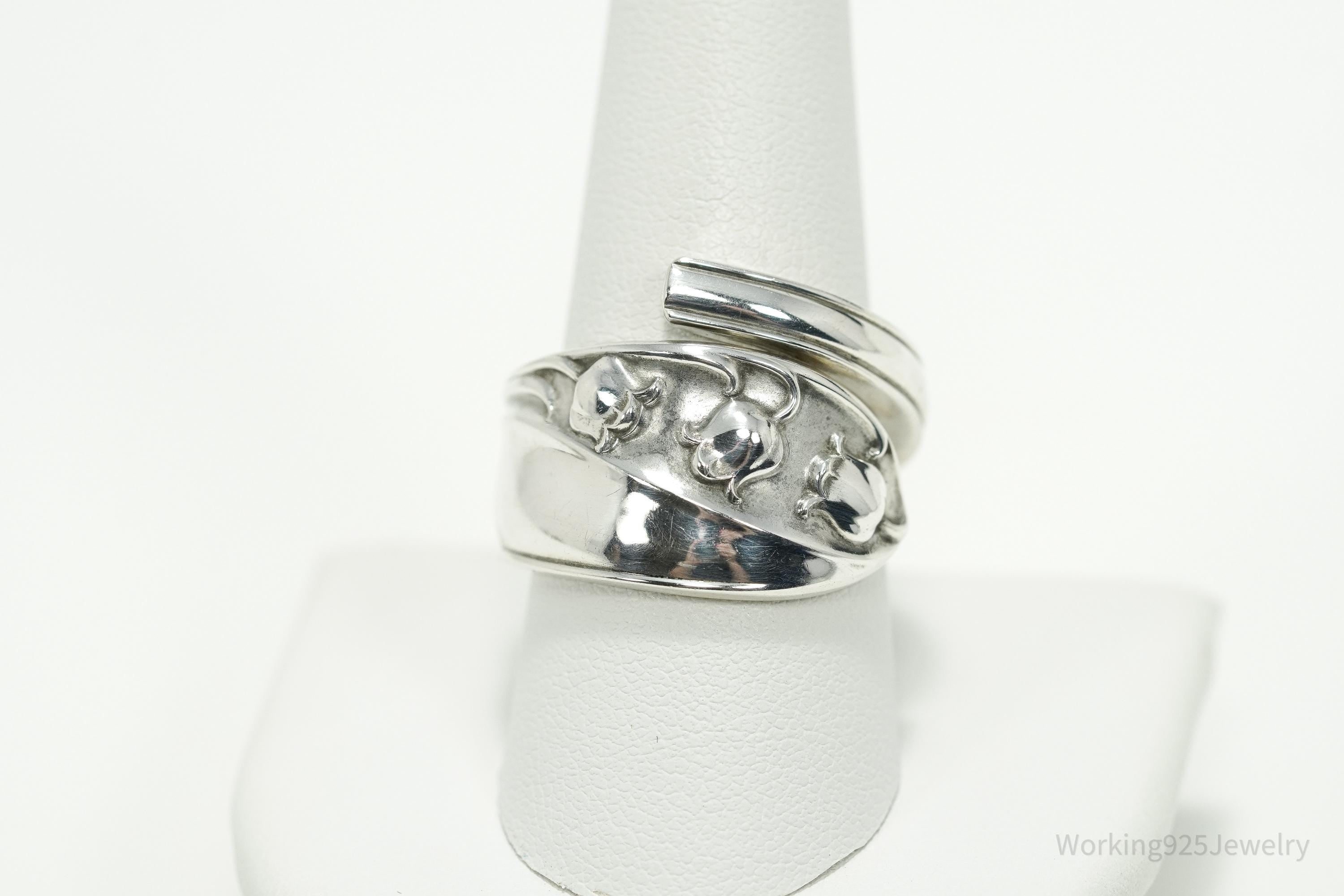 Antique Vintage Lily Of The Valley Sterling Silver Spoon Ring - Size 9.75