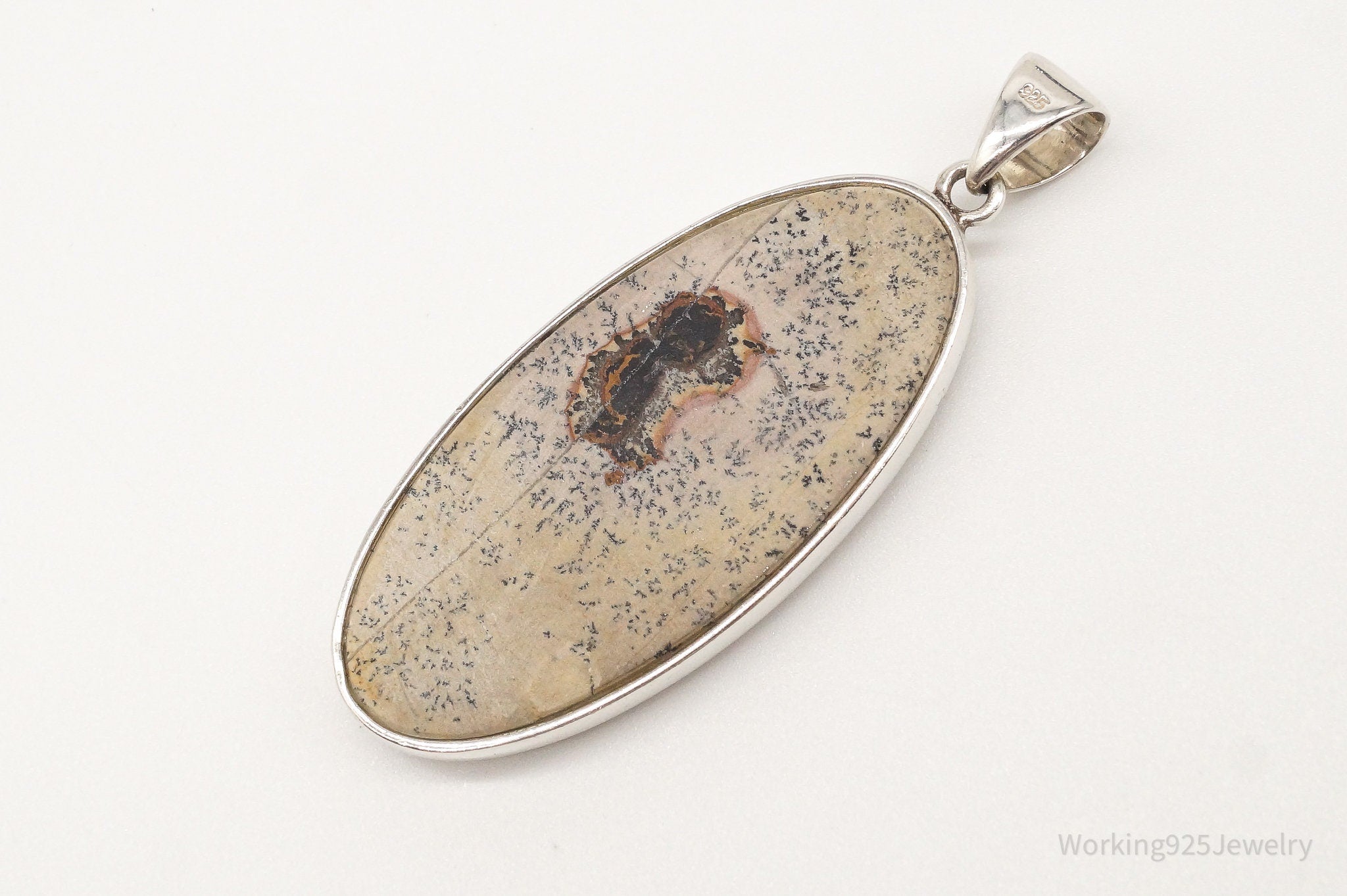 Vintage Long Dendrite Jasper Sterling Silver Pendant