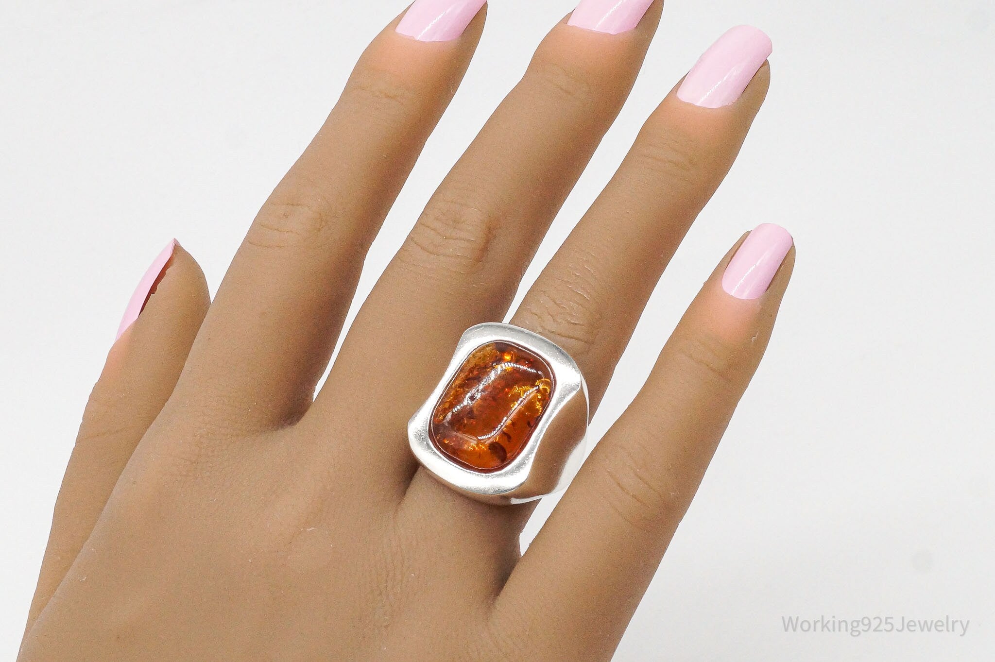 Vintage Large Amber Modernist Sterling Silver Ring - Size 7.25