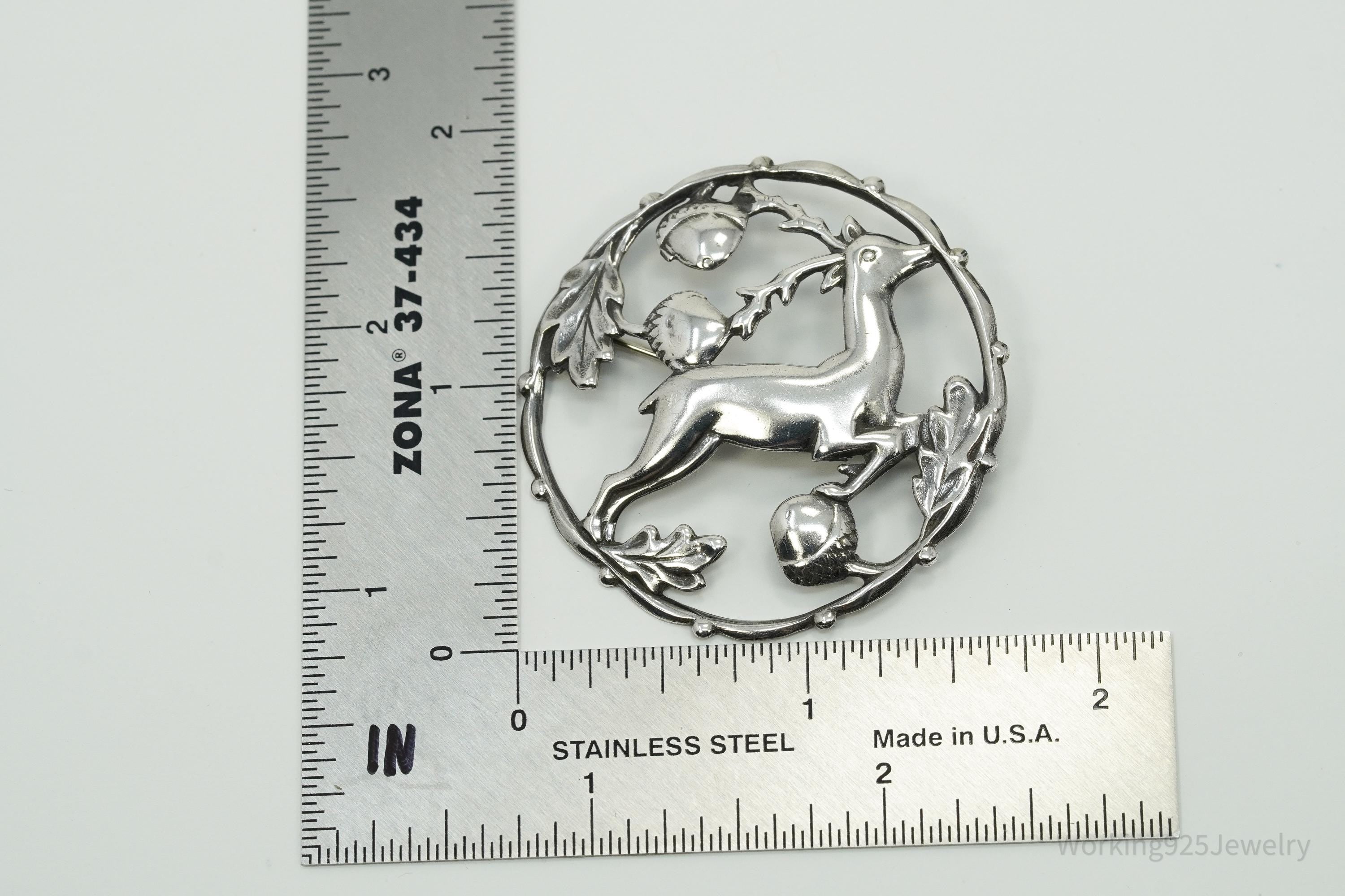 Large Antique Deer & Acorns Sterling Silver Brooch Pin