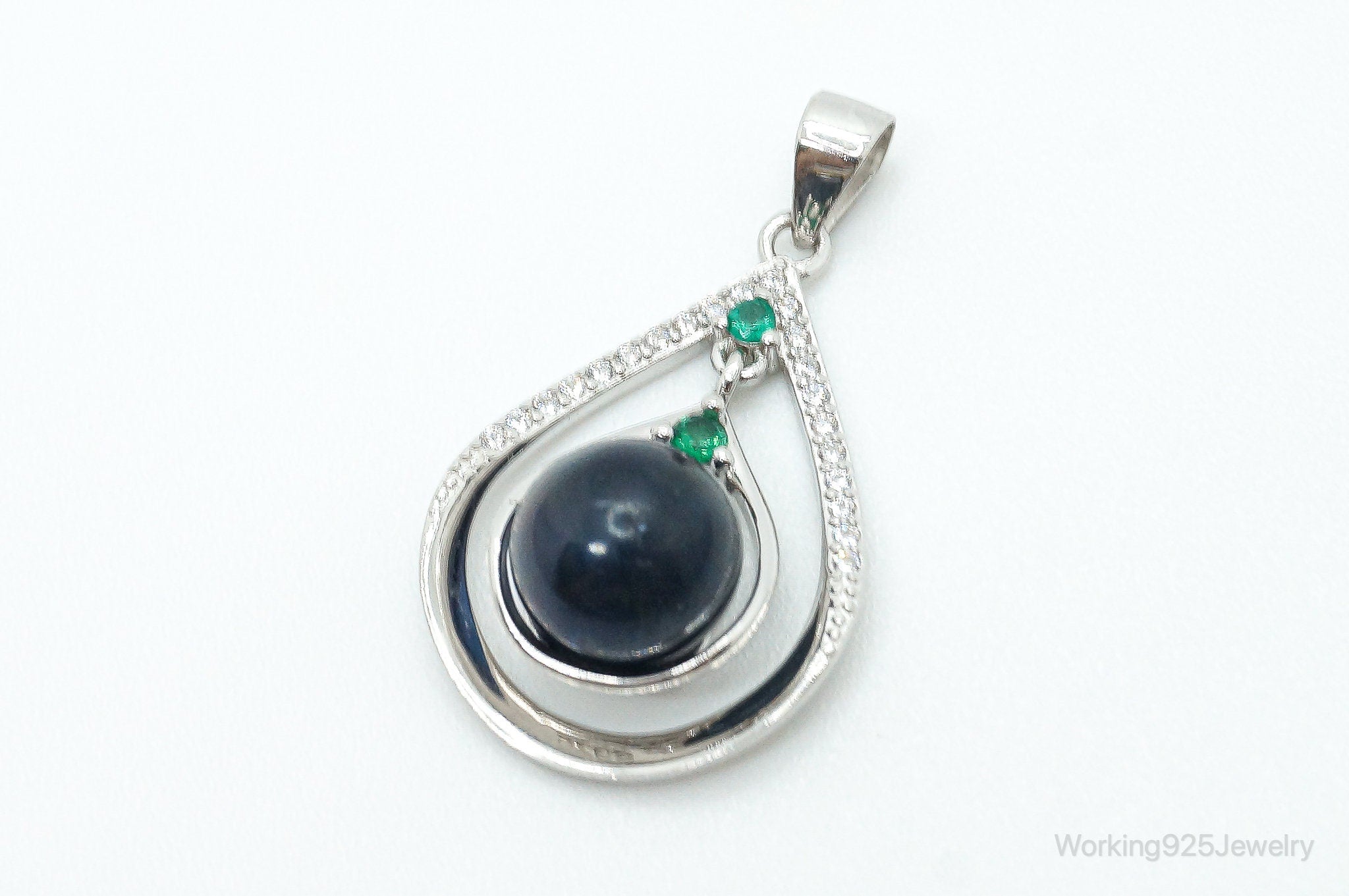 Vintage Tahitian Pearl Lab Emerald Cubic Zirconia Sterling Silver Pendant