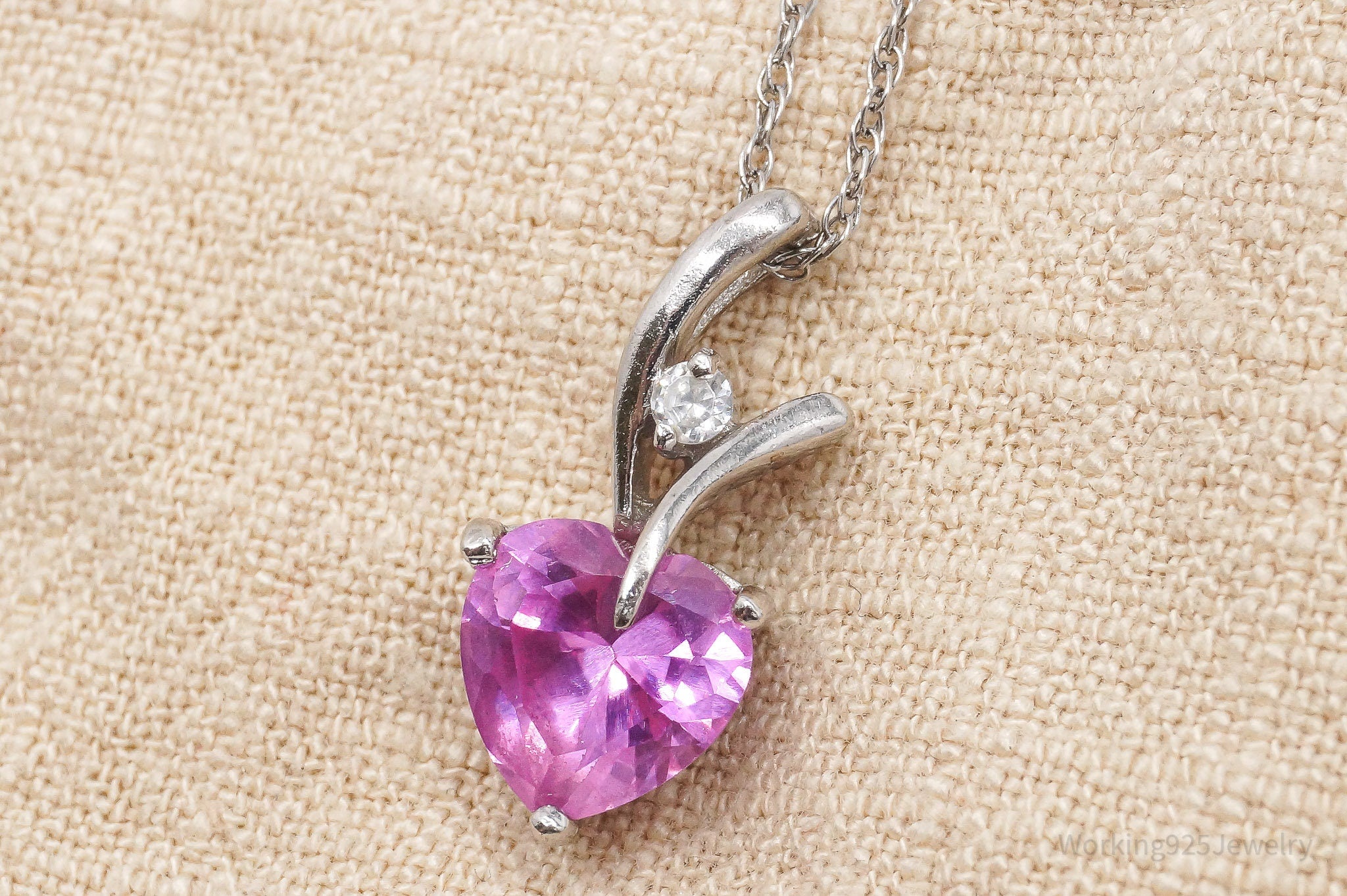Vintage Pink Sapphire Heart & Cubic Zirconia Sterling Silver Necklace 18"