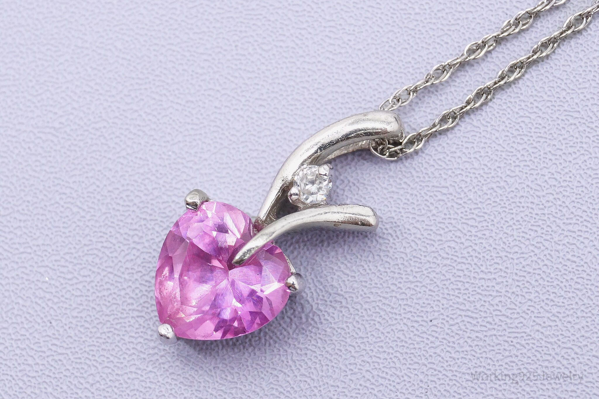 Vintage Pink Sapphire Heart & Cubic Zirconia Sterling Silver Necklace 18"
