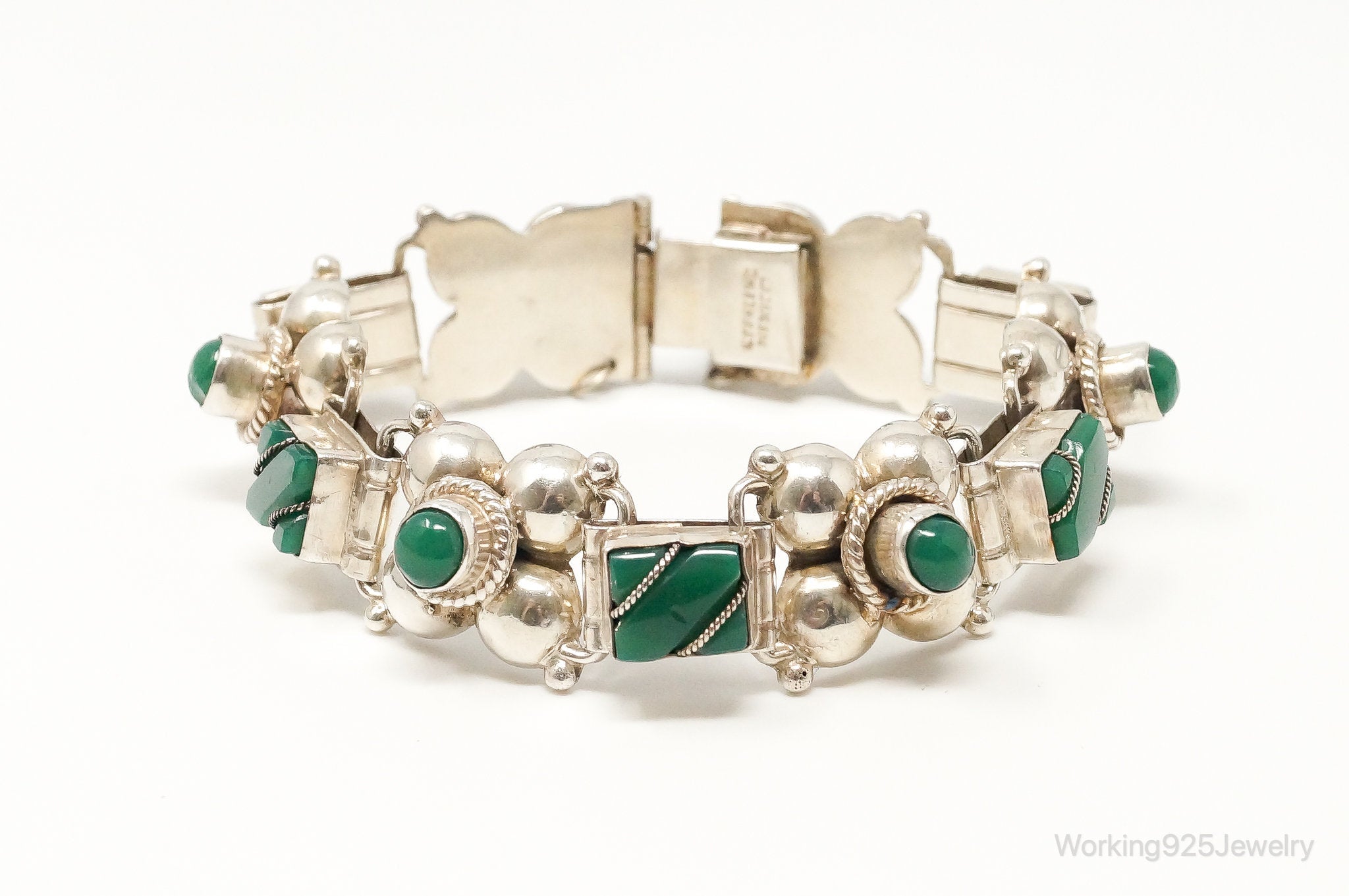 Vintage Mexico Handmade Green Onyx Sterling Silver Panel Bracelet