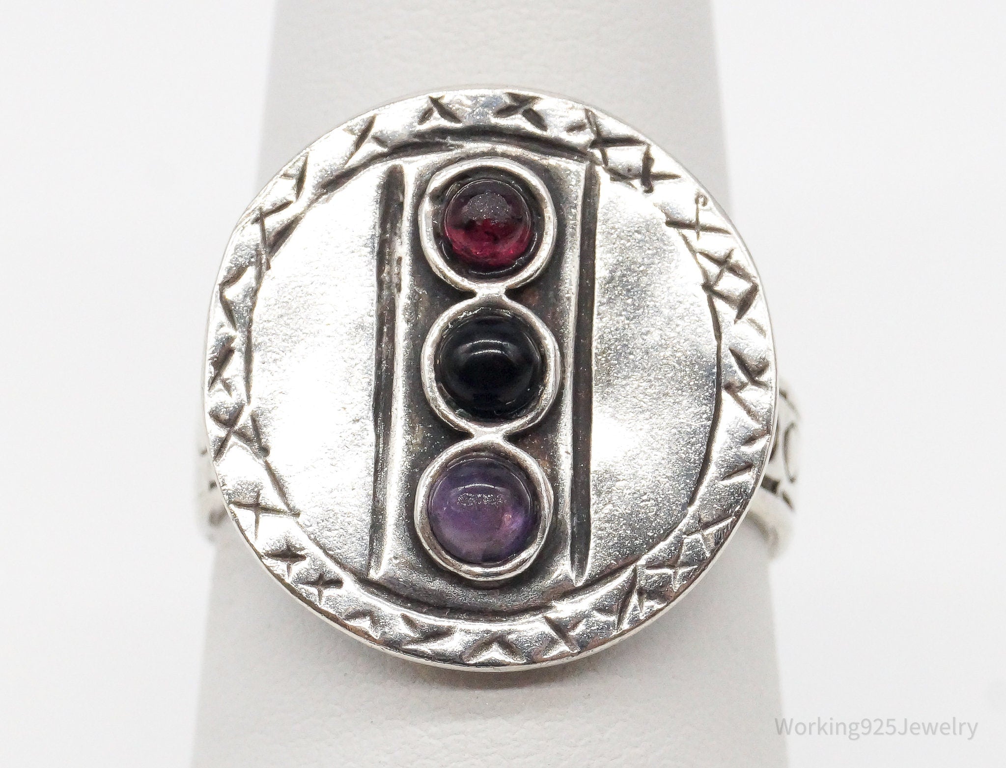 Vintage Rhodolite Garnet Amethyst Black Onyx Sterling Silver Ring - Size 6.75