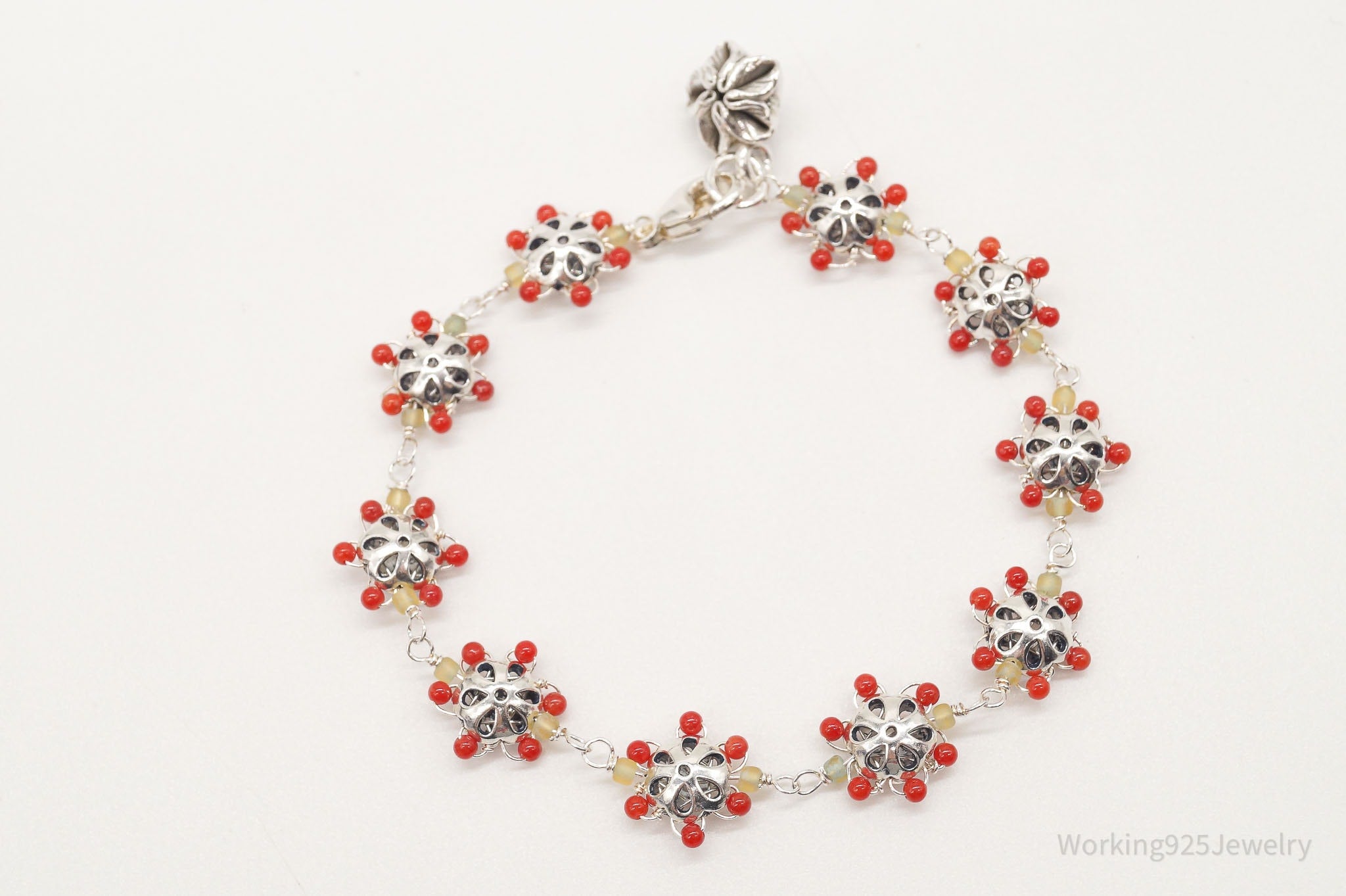 Vintage Intricate Glass Beads Flowers Sterling Silver Bracelet