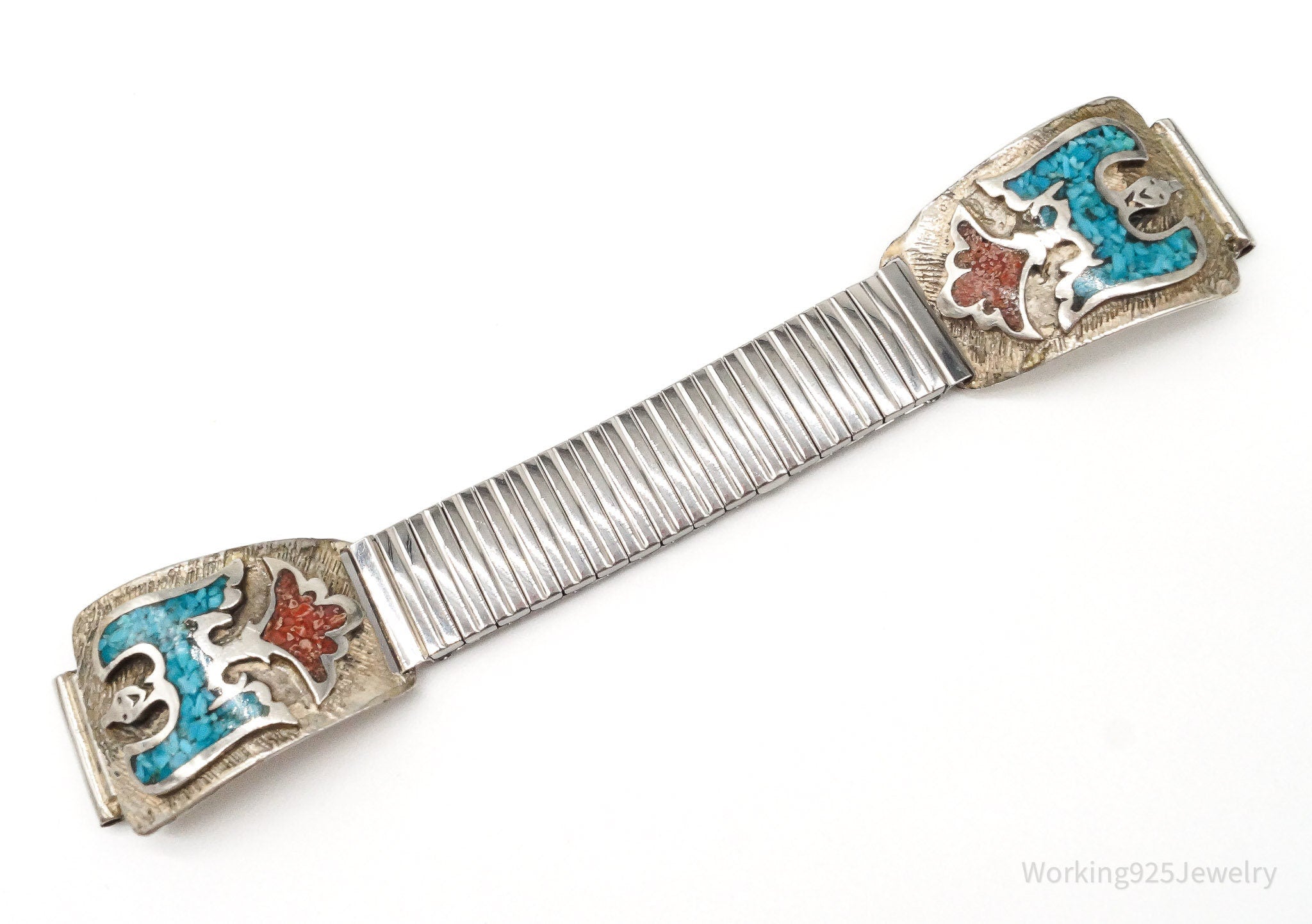 VTG Native American Turquoise Coral Speidel Stainless Steel Silver Watch Band