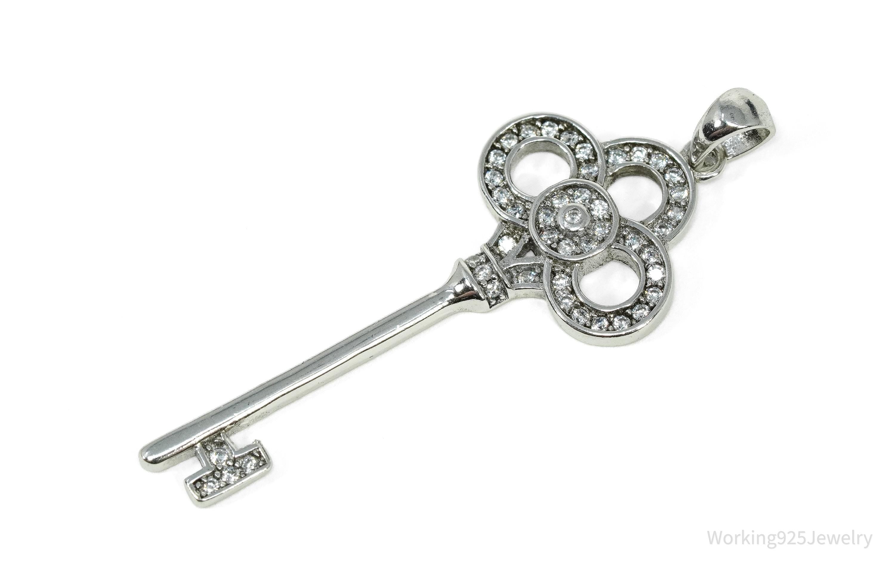 Vintage Cubic Zirconia Sterling Silver Key Pendant 1 11/16"
