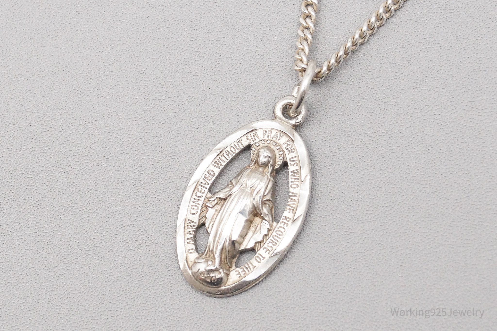 Antique Miraculous Medal Sterling Silver Necklace 24"