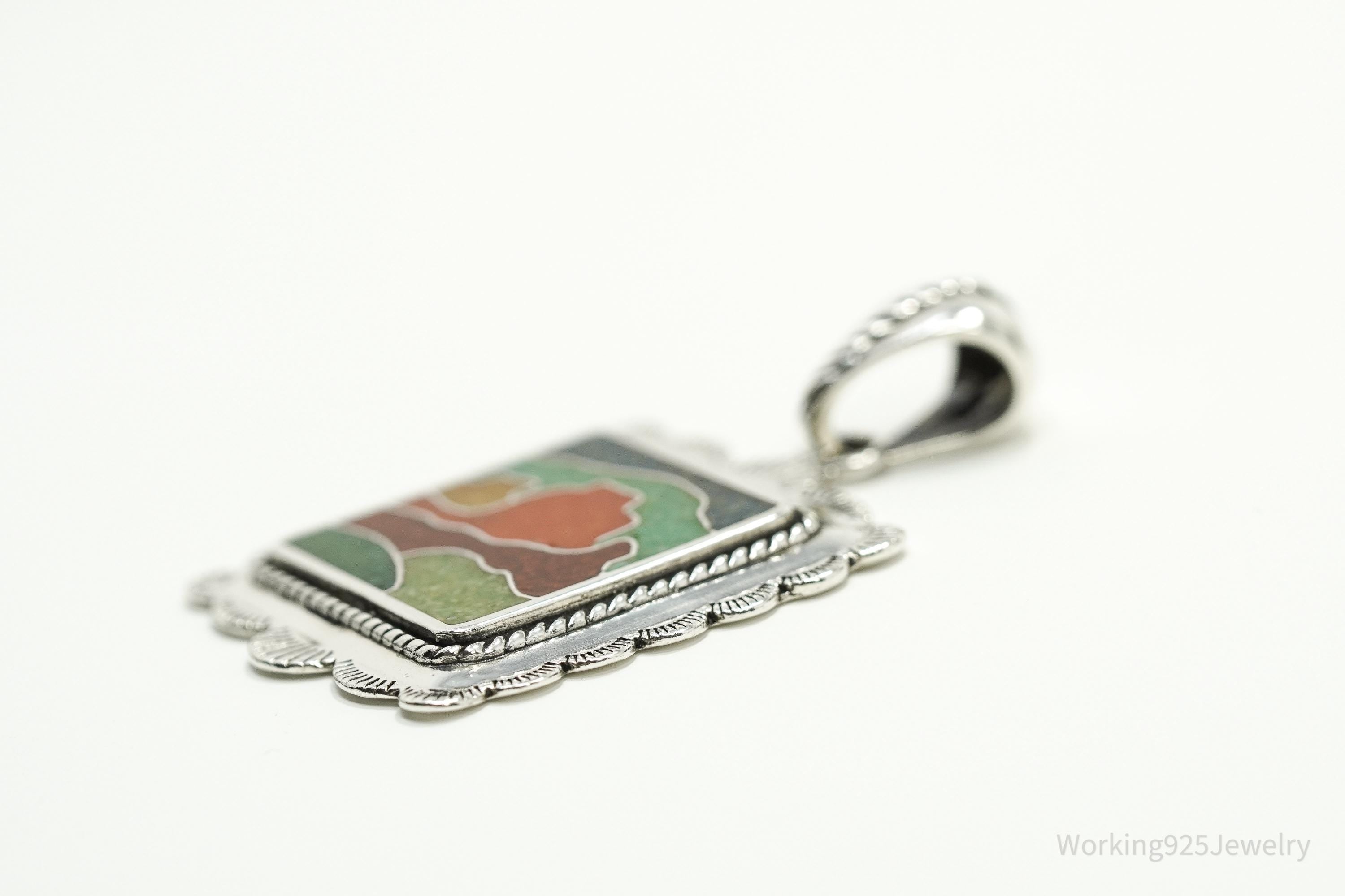 Large Vintage Carolyn Pollack Relios Desert Scene Multi Gem Inlay Sterling Silver Pendant