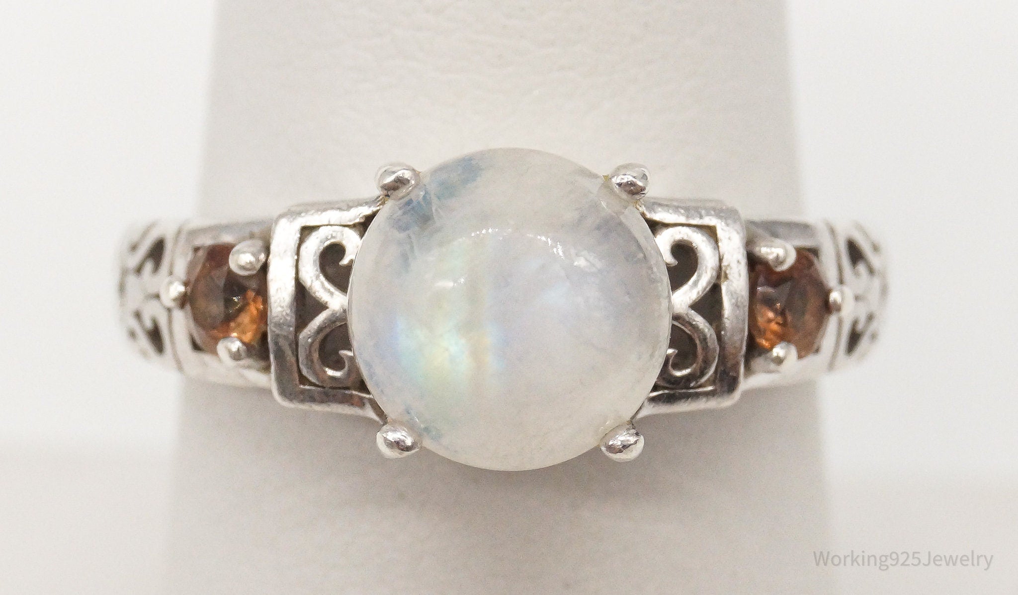 Vintage Moonstone Smoky Topaz Sterling Silver Ring - Size 6.75