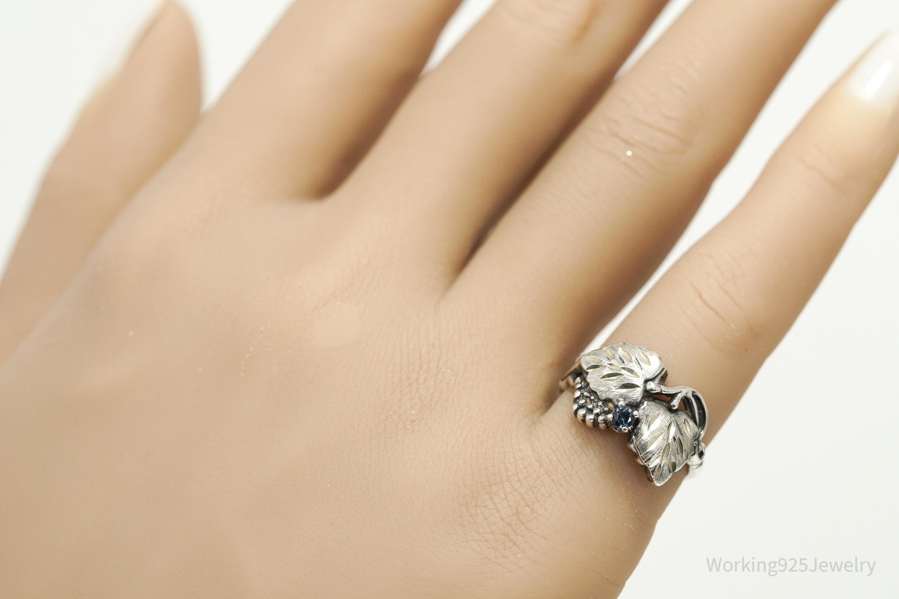 Vintage Sapphire Grape Leaf Sterling Silver Ring - Size 6