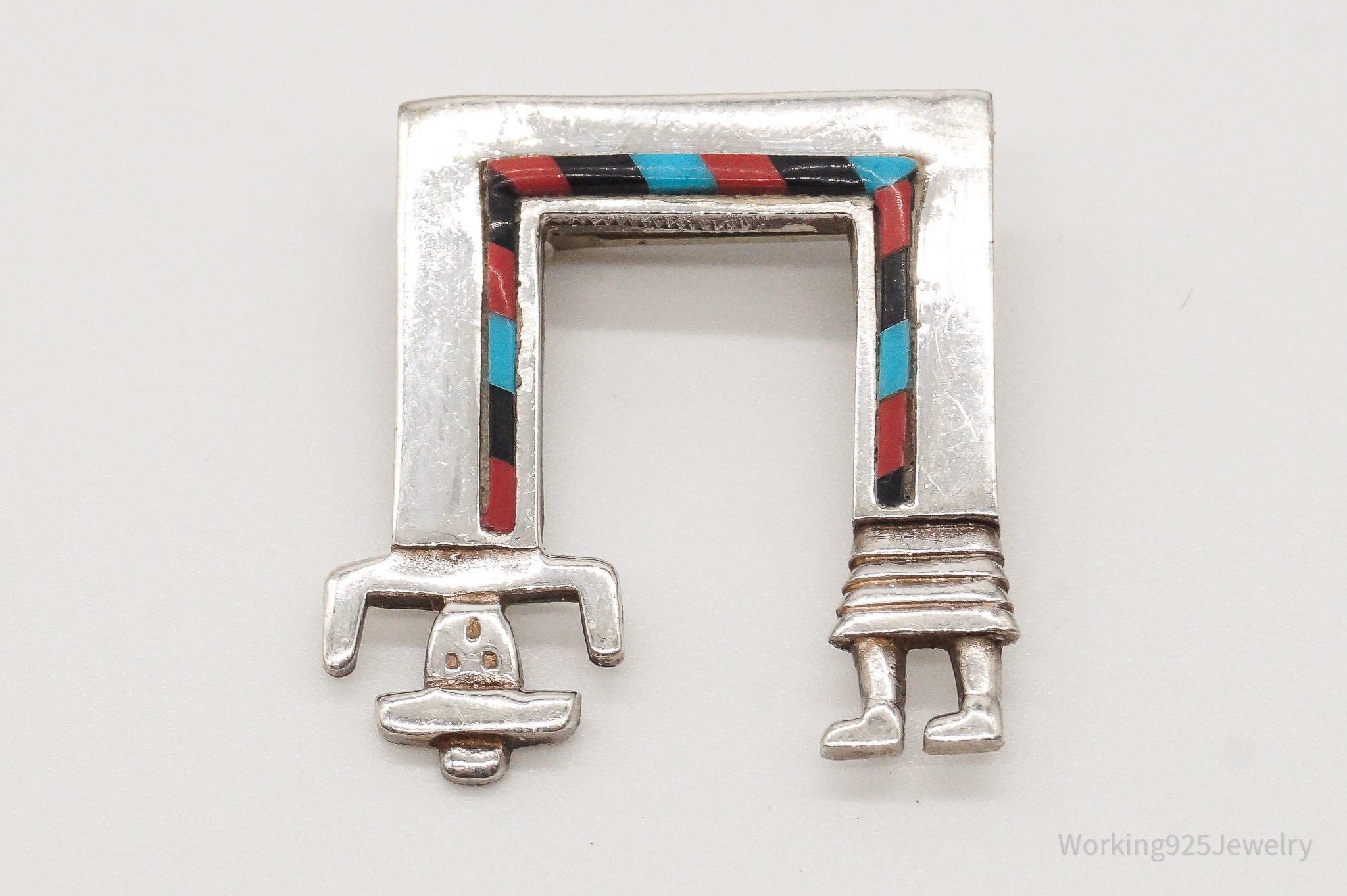 Vintage Native American YEI Multi Gem Inlay Sterling Silver Brooch Pin