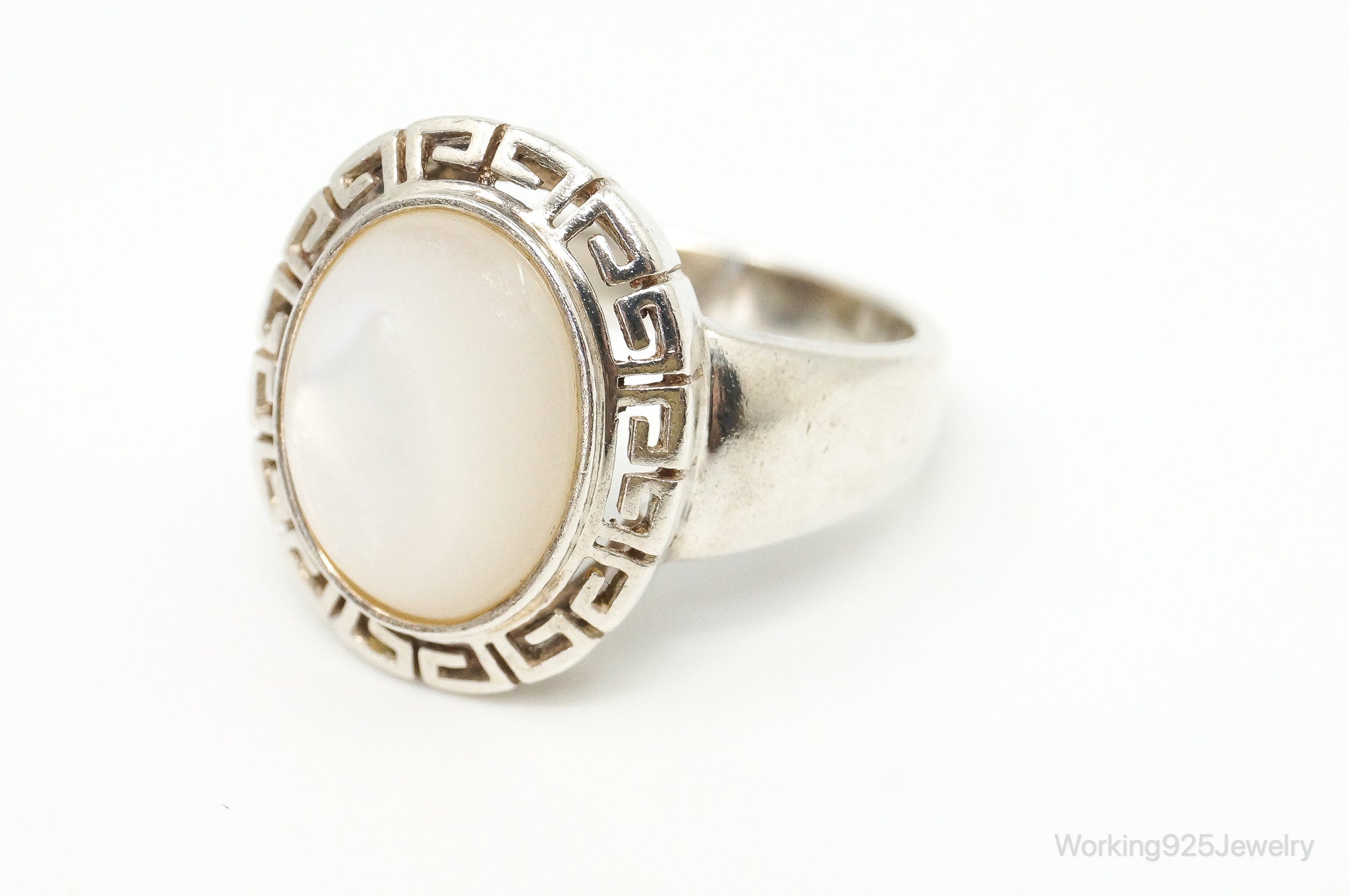 VTG Designer DV Mother Of Pearl Greek Key Design Sterling Silver Ring - SZ 8