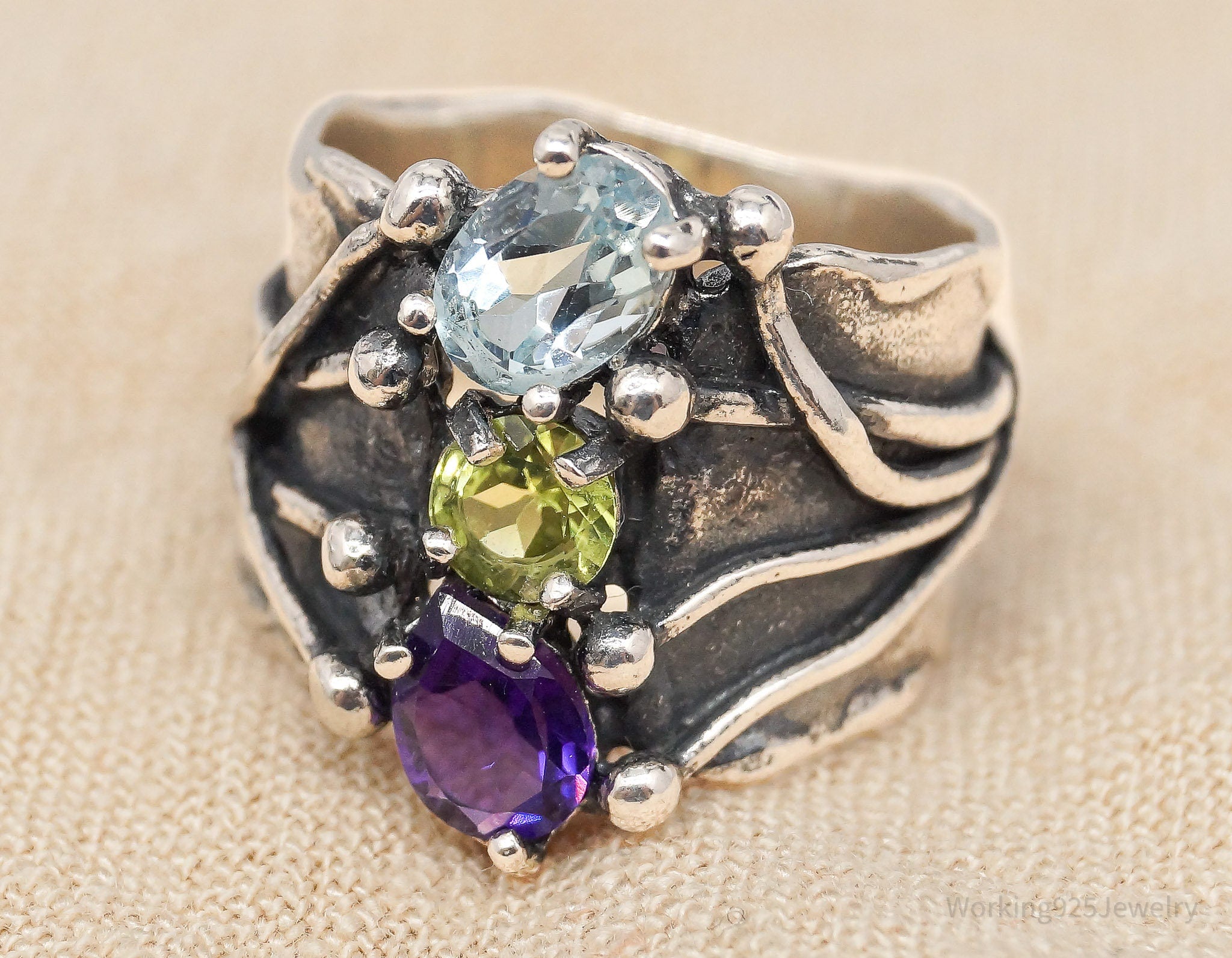 Vintage Paz PZ Amethyst Peridot Blue Topaz Sterling Silver Ring - Size 7.25