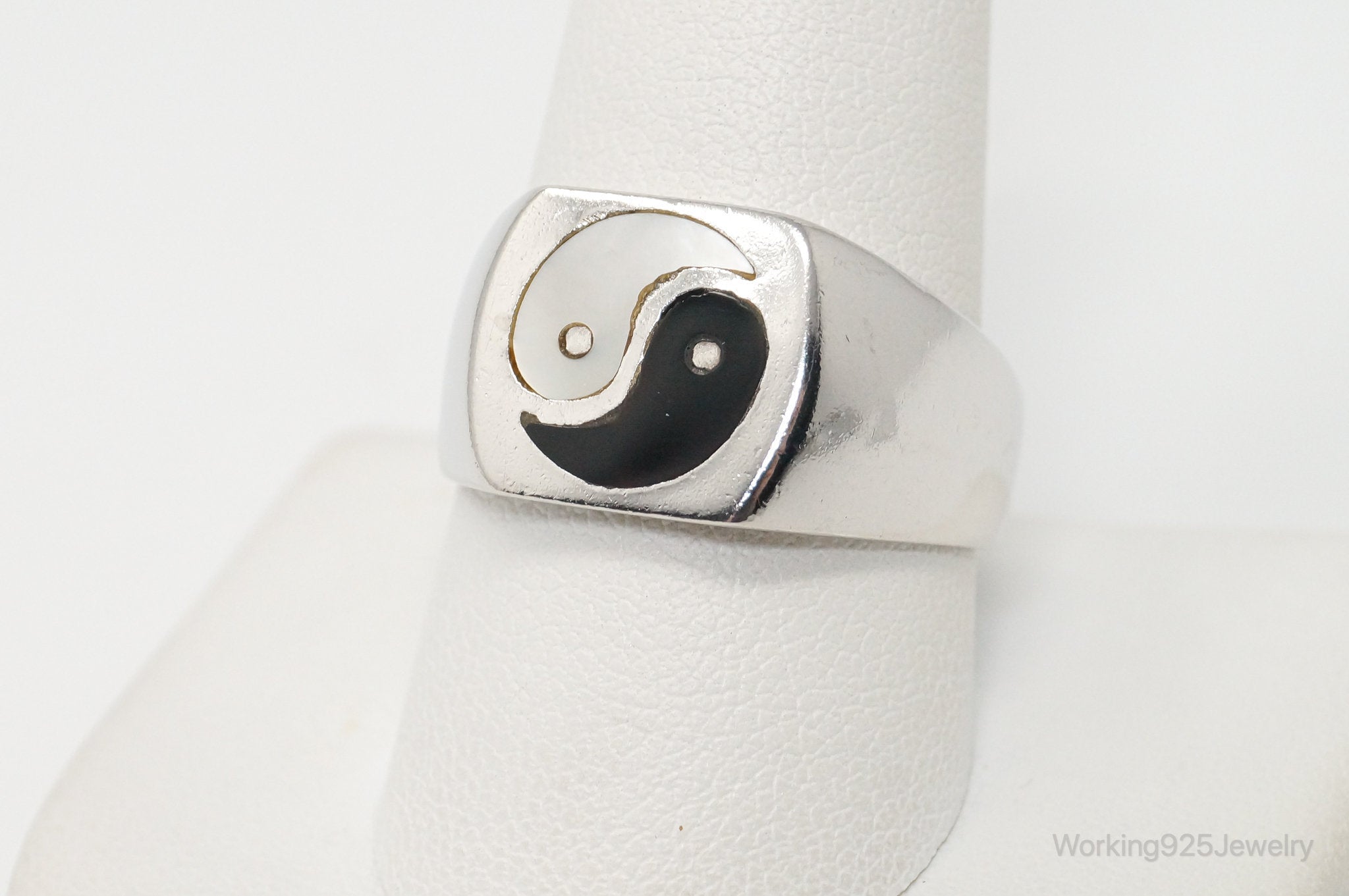 VTG Designer MD Yin Yang Onyx Mother Of Pearl Sterling Silver Ring - Sz 10.25