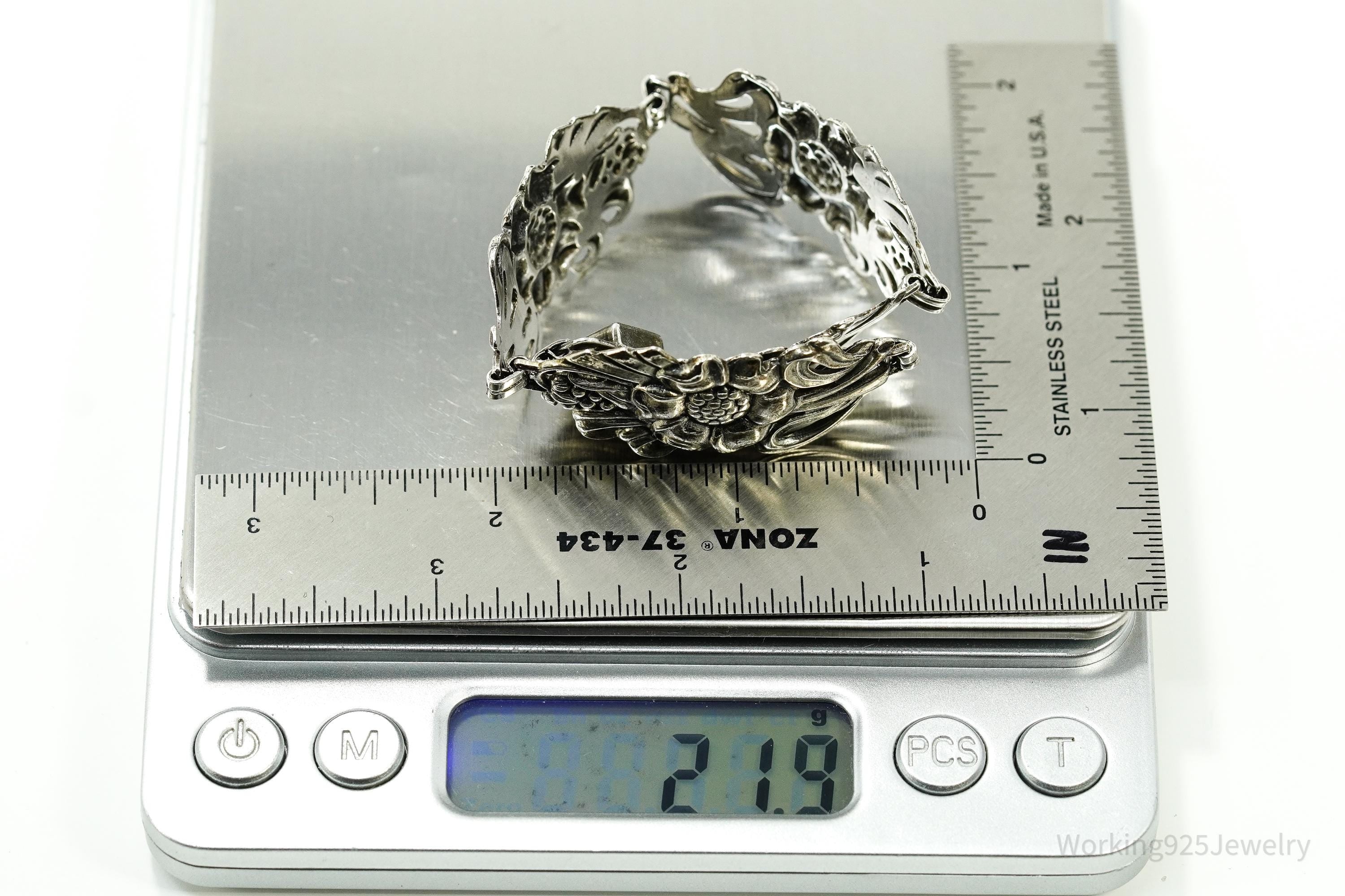 Antique Floral Sterling Silver Bracelet 7.75"