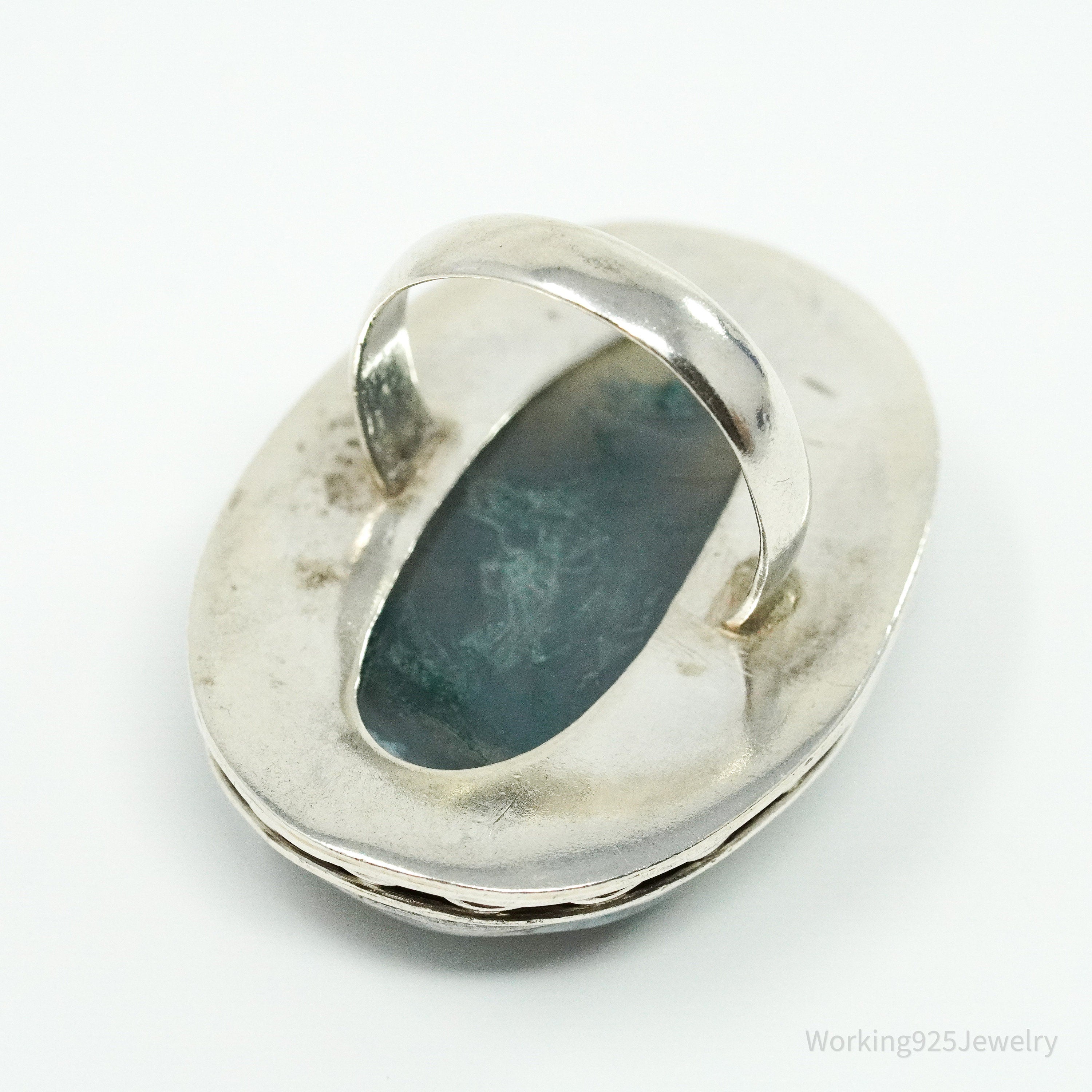 Vintage Large Moss Agate Sterling Silver Ring - Size 7.5