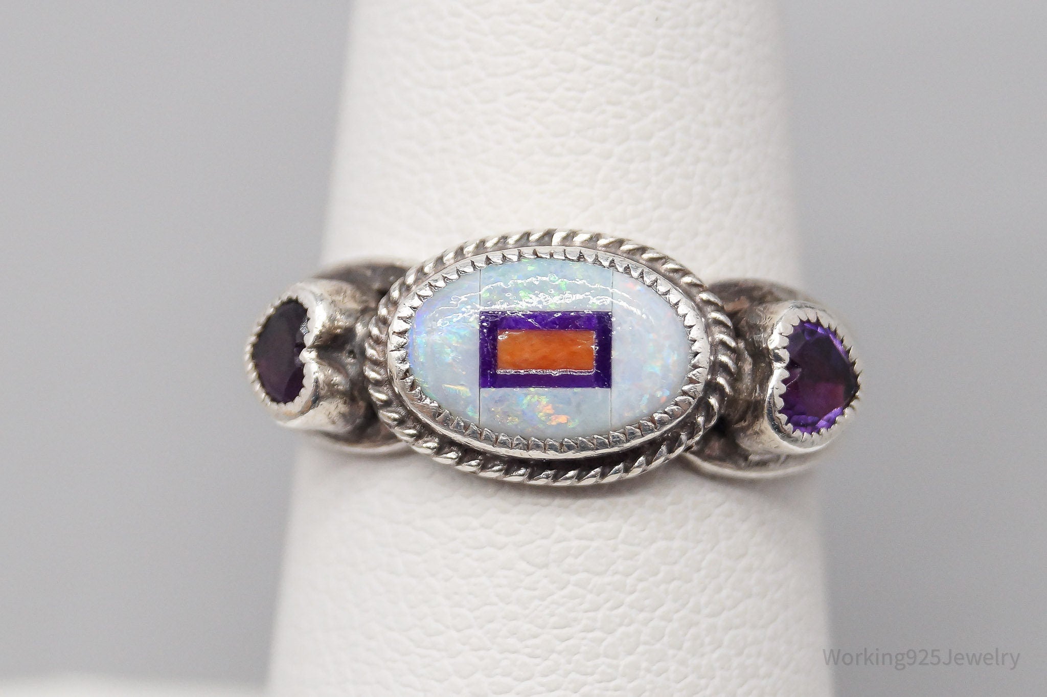 Vintage Native American Multi Gem Inlay Silver Ring - Size 6.75