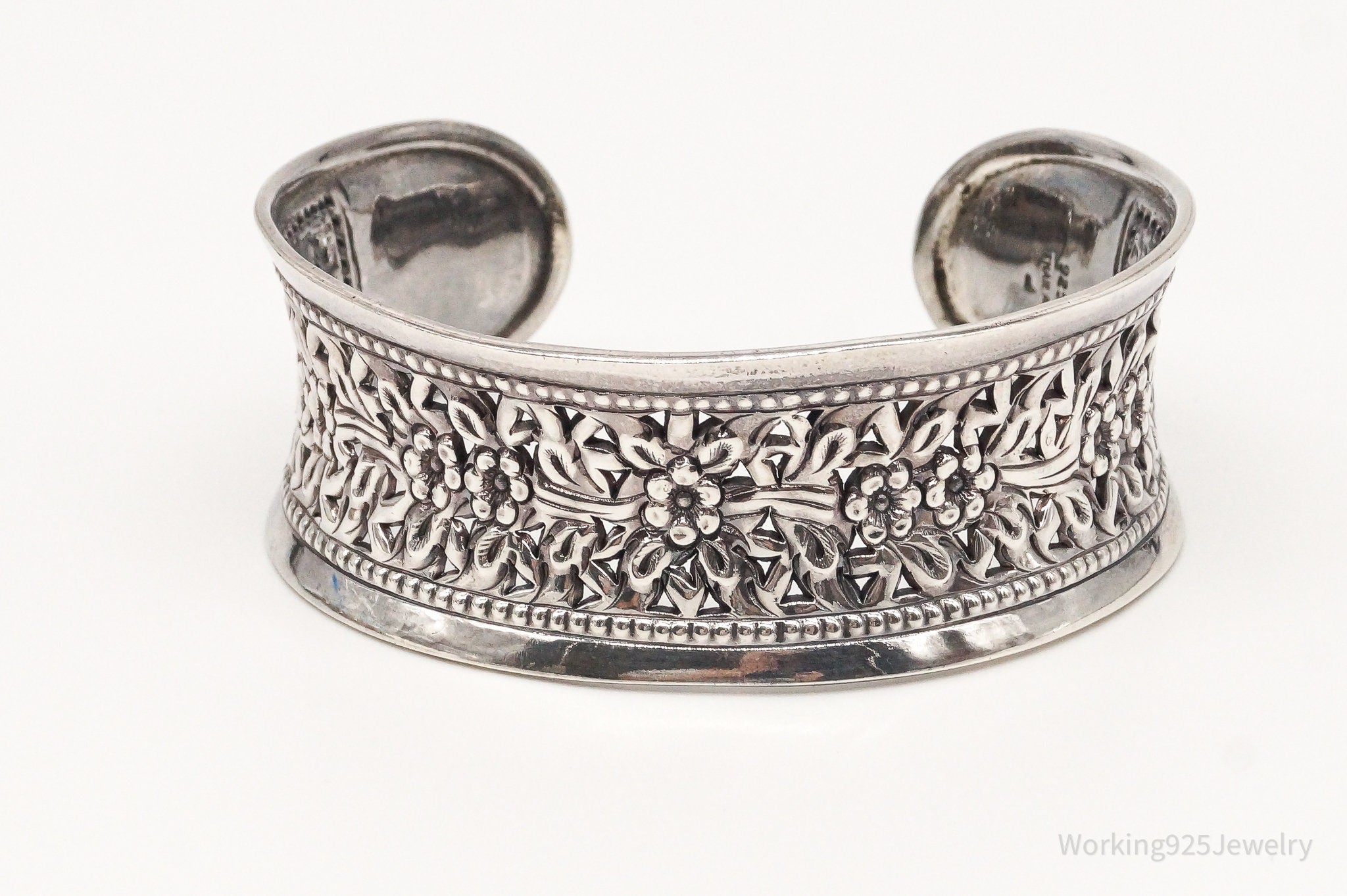 Vintage Thai Designer Floral Pattern Oxidized Sterling Silver Cuff Bracelet