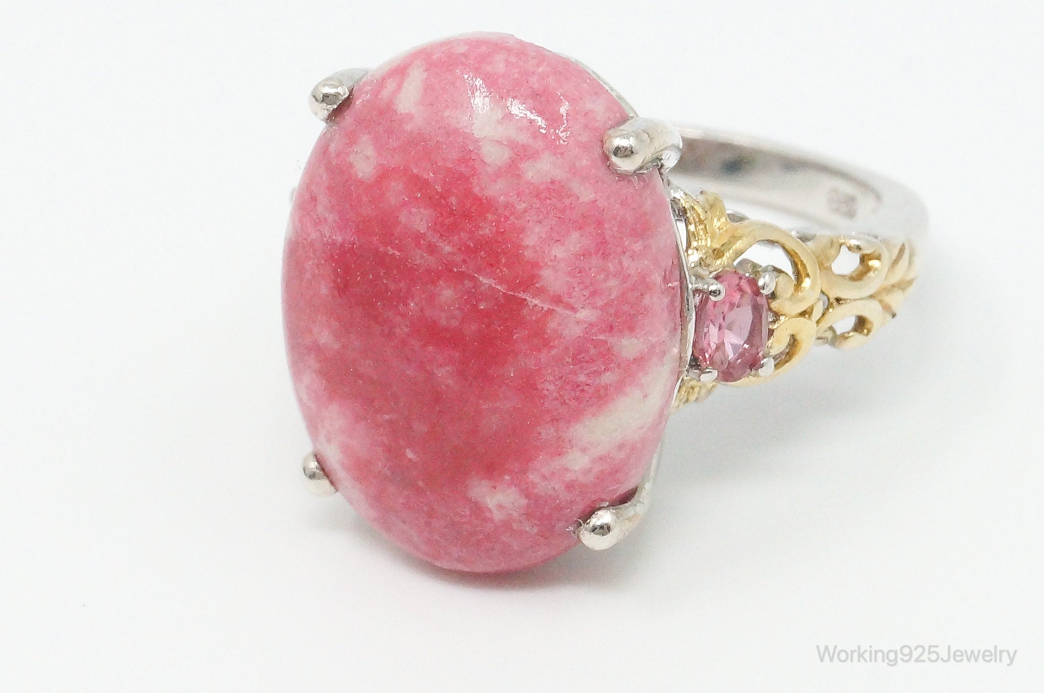 Vintage Thulite Pink Topaz Gold Vermeil Sterling Silver Ring - Size 8