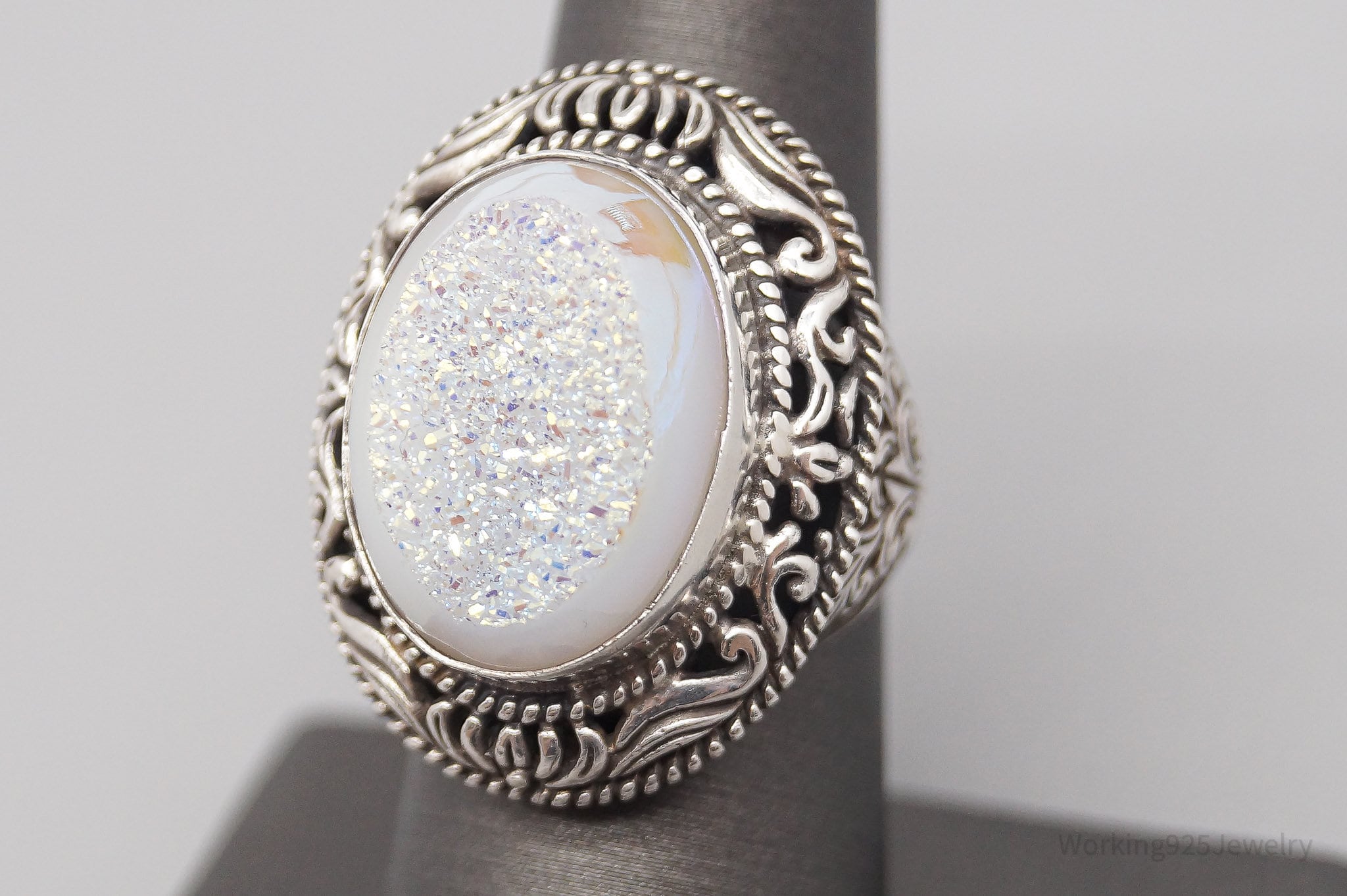 Vintage Large White Druzy Quartz Sterling Silver Ring - Size 7.25