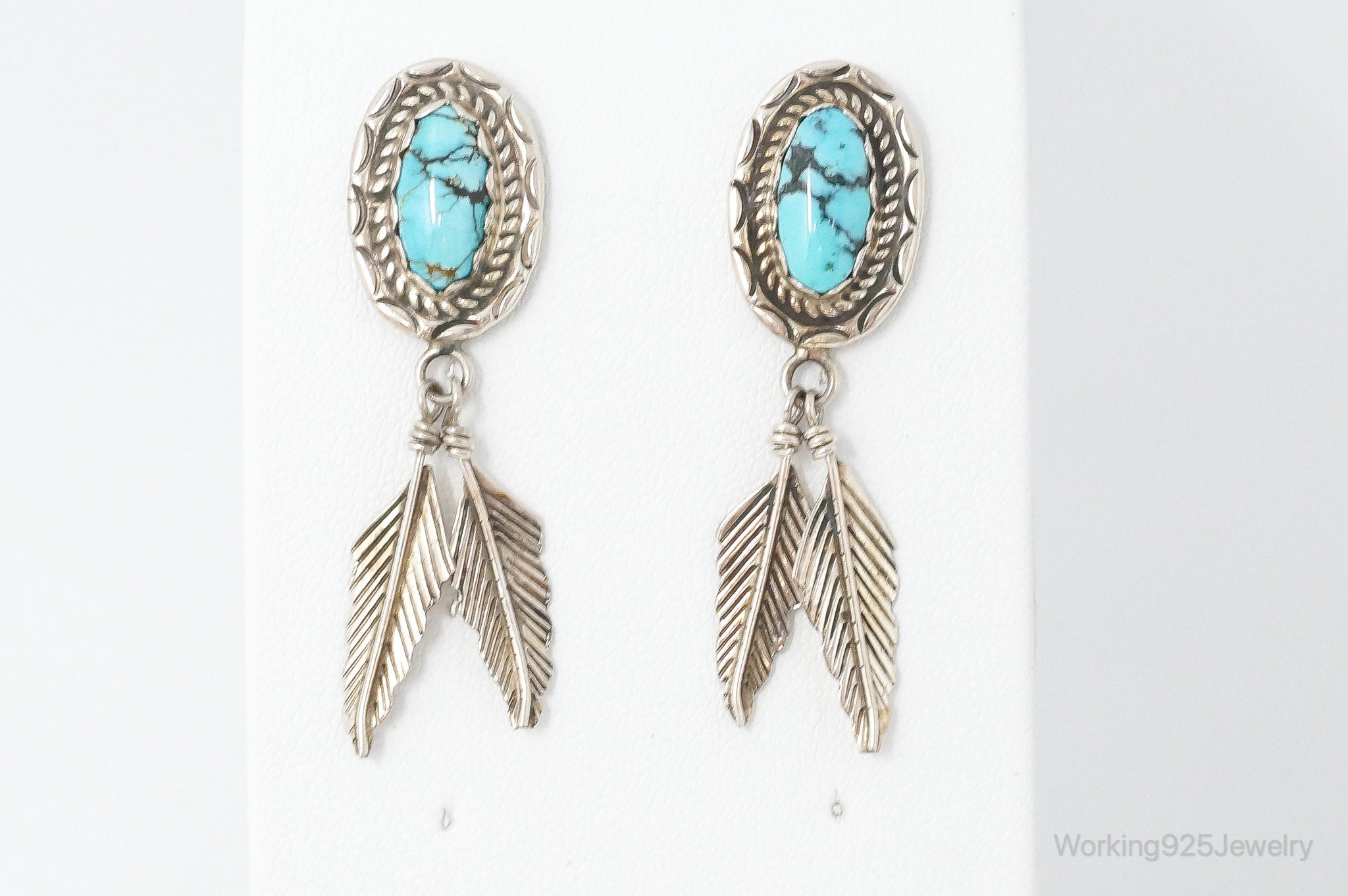 Vintage Native American Designer SY Turquoise Sterling Silver Earrings