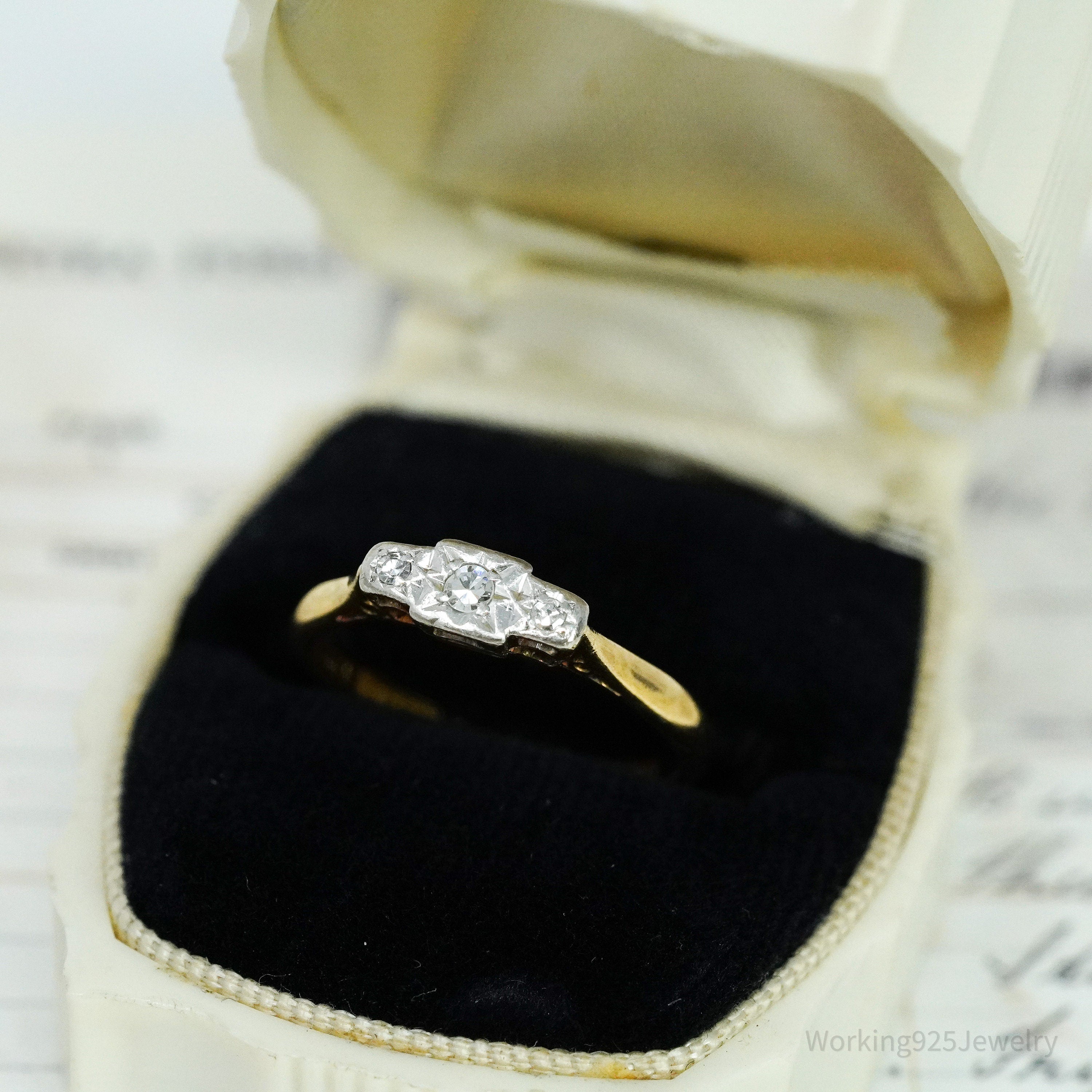 Platinum Topped 18K Yellow Gold & Single Cut Diamond Ring - Size 6