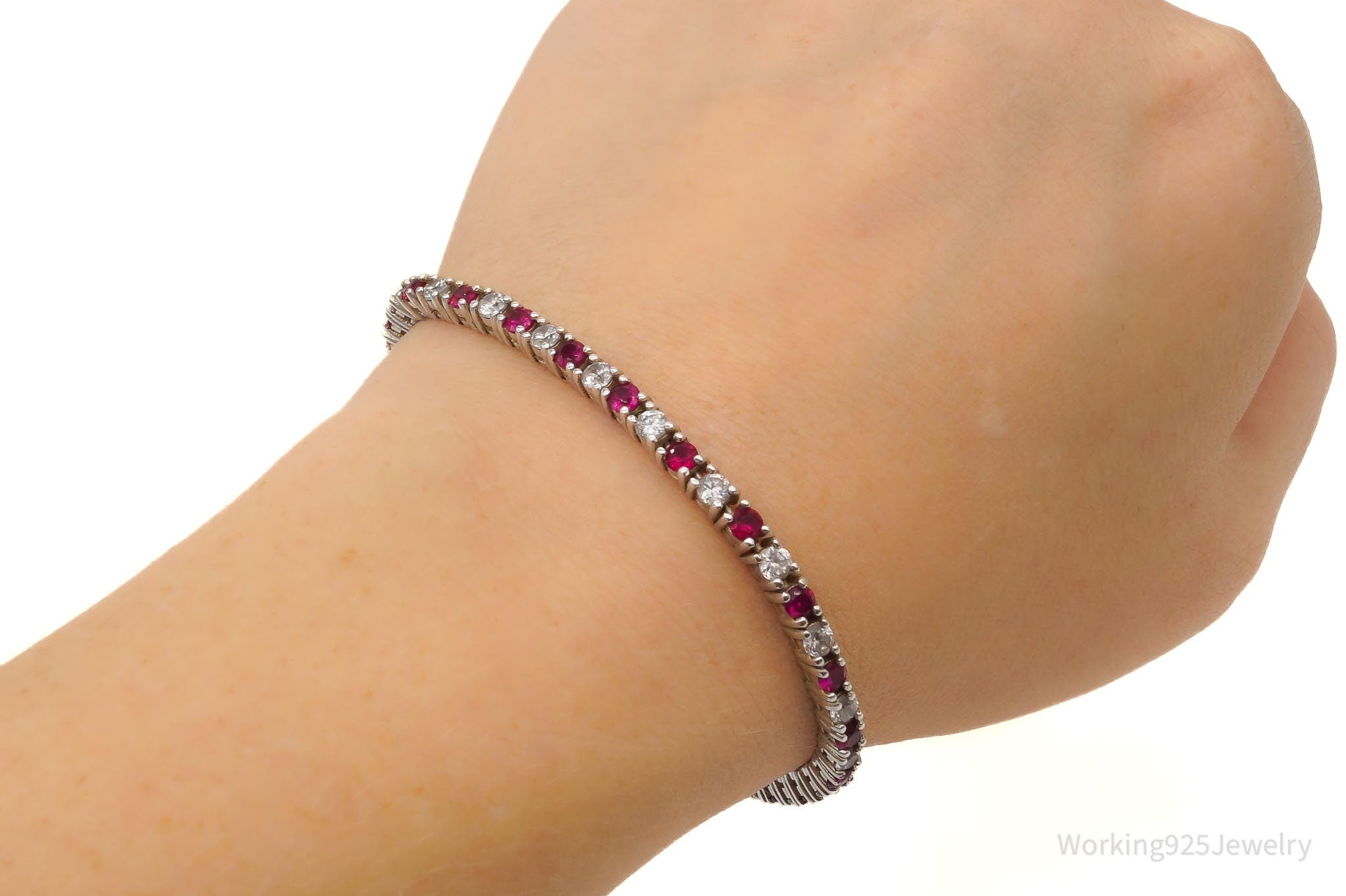 Vintage Ruby Cubic Zirconia Sterling Silver Tennis Bracelet