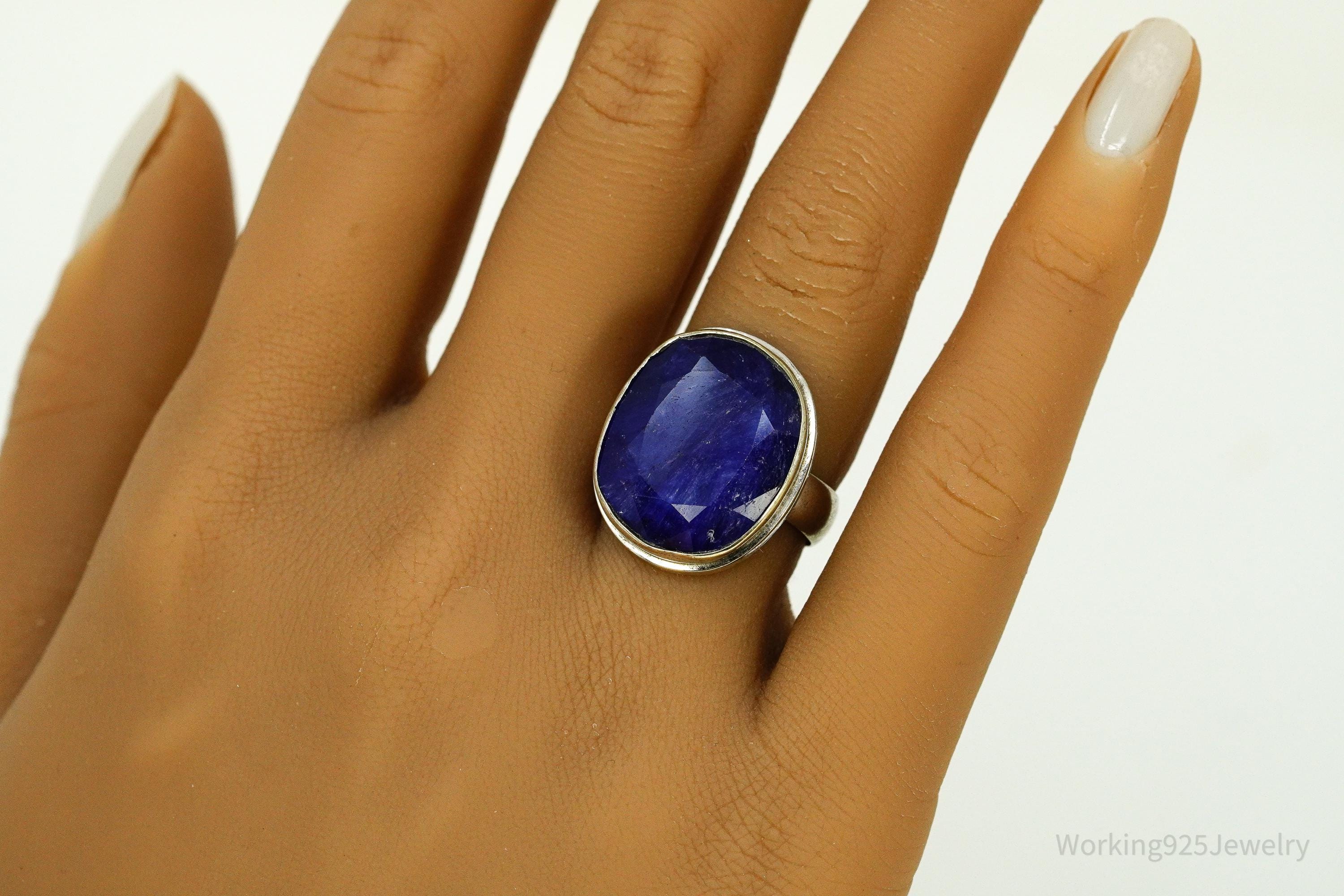 Vintage Large Natural Blue Sapphire Sterling Silver Ring - Size 7.25