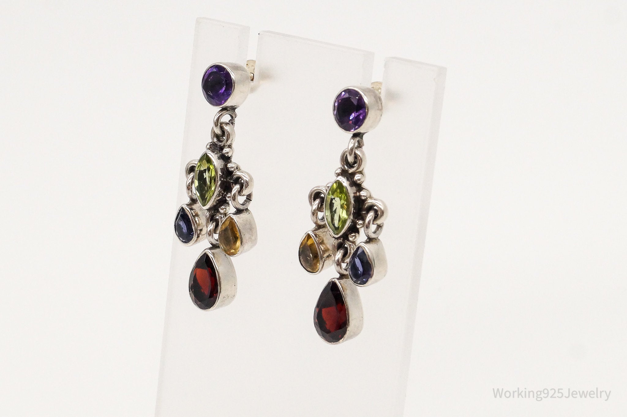 Vintage Multi Gemstone Bali Style Sterling Silver Earrings