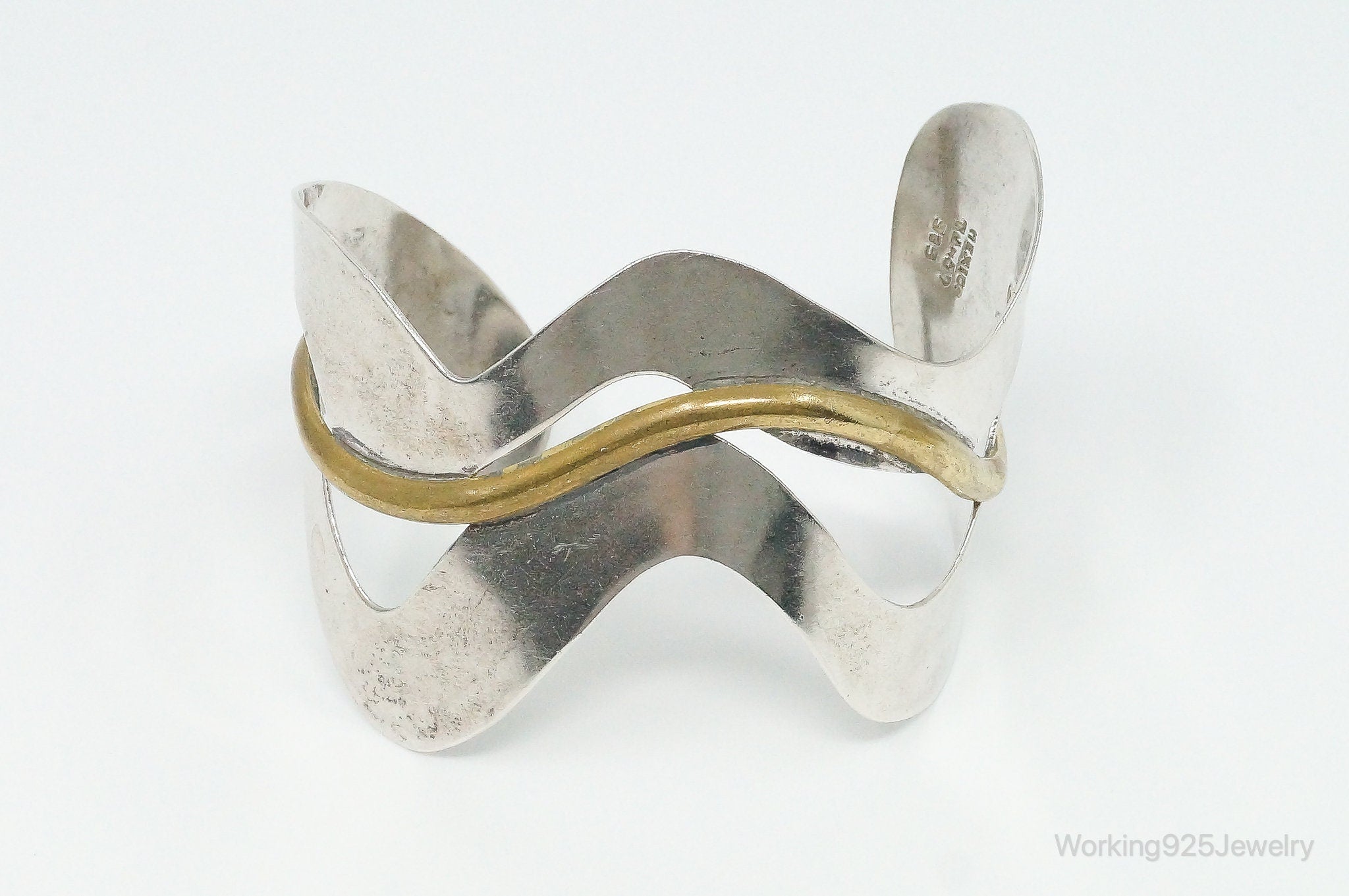 Vintage Mexico Designer Modernist Style Brass Sterling Silver Cuff Bracelet