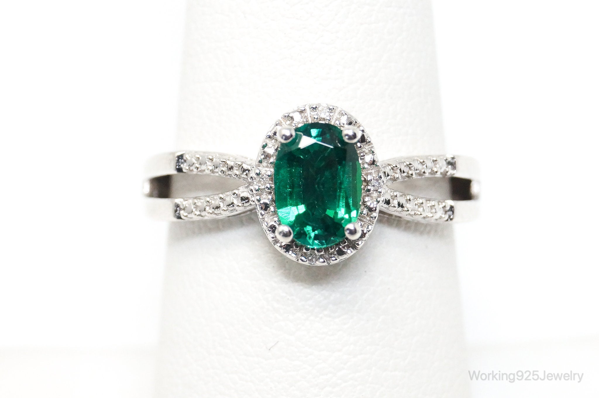 Vintage Simulated Emerald CZ Accented Sterling Silver Ring SZ 7