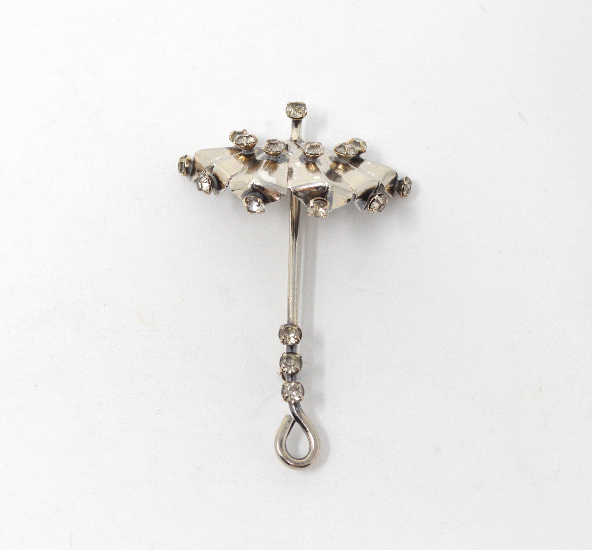 Vintage Rhinestone and Sterling Silver Umbrella Brooch / Pin -