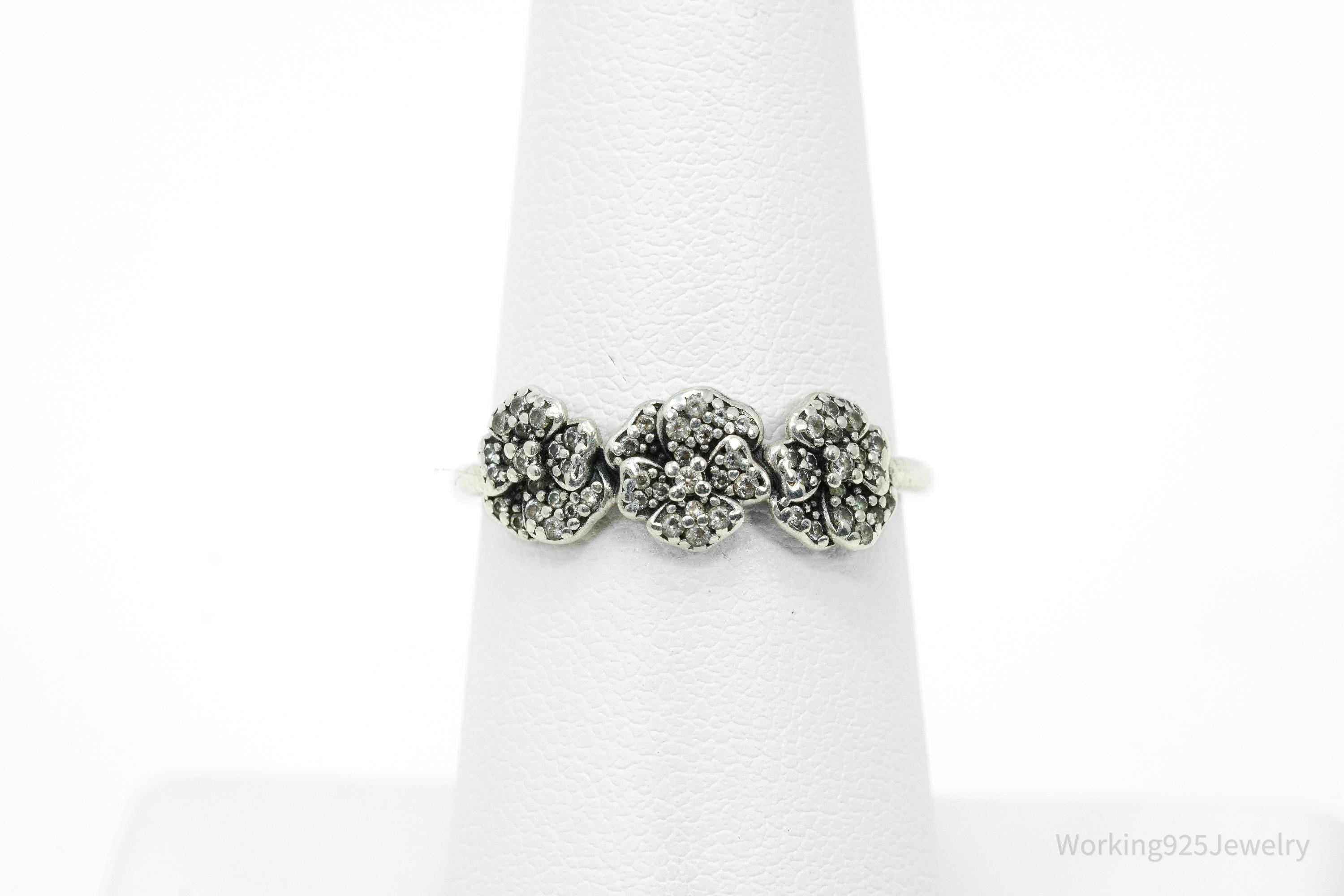 Designer Pandora Triple Pansies Cubic Zirconia Sterling Silver Ring - Size 6.75