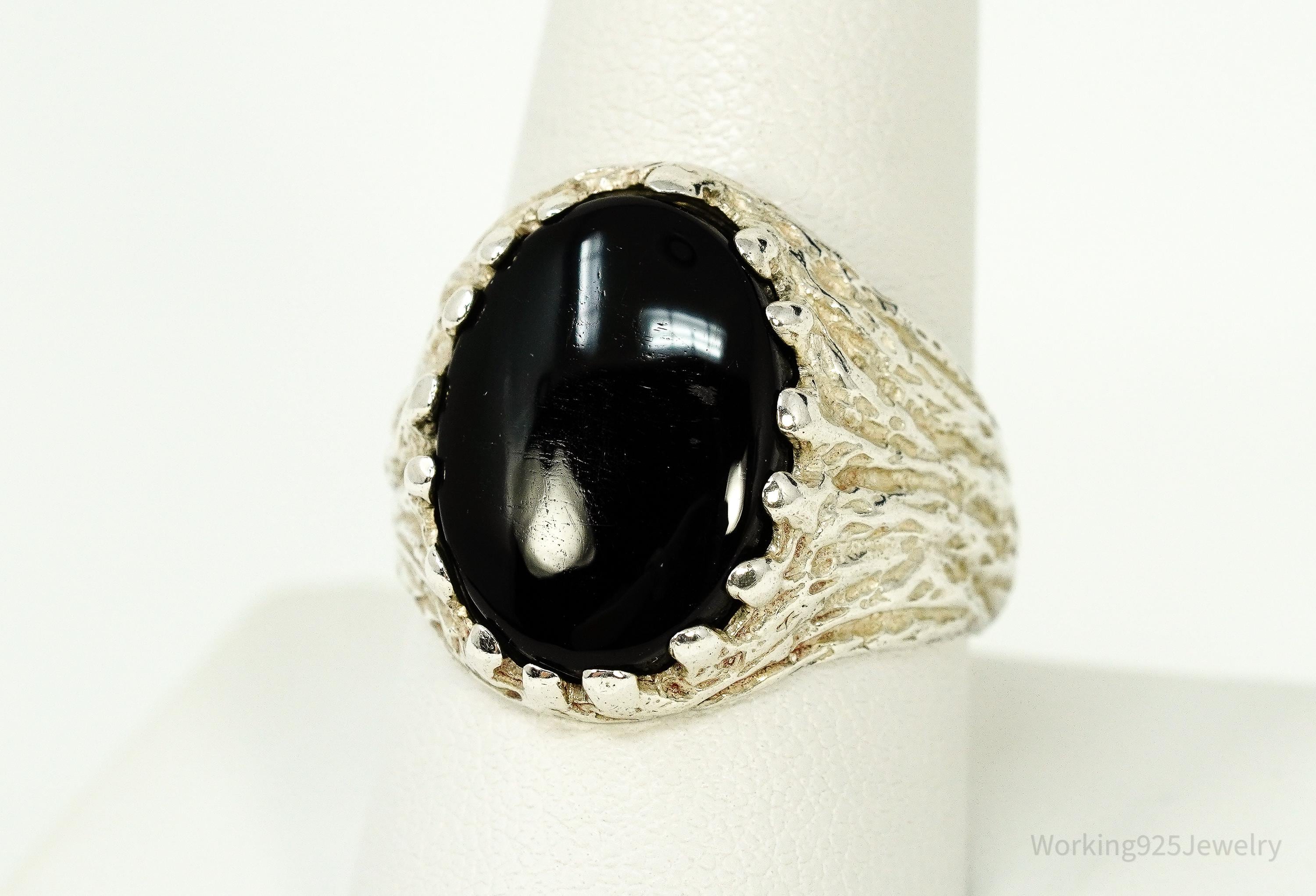 Vintage Black Onyx Brutalist Style Sterling Silver Ring - Size 9.5