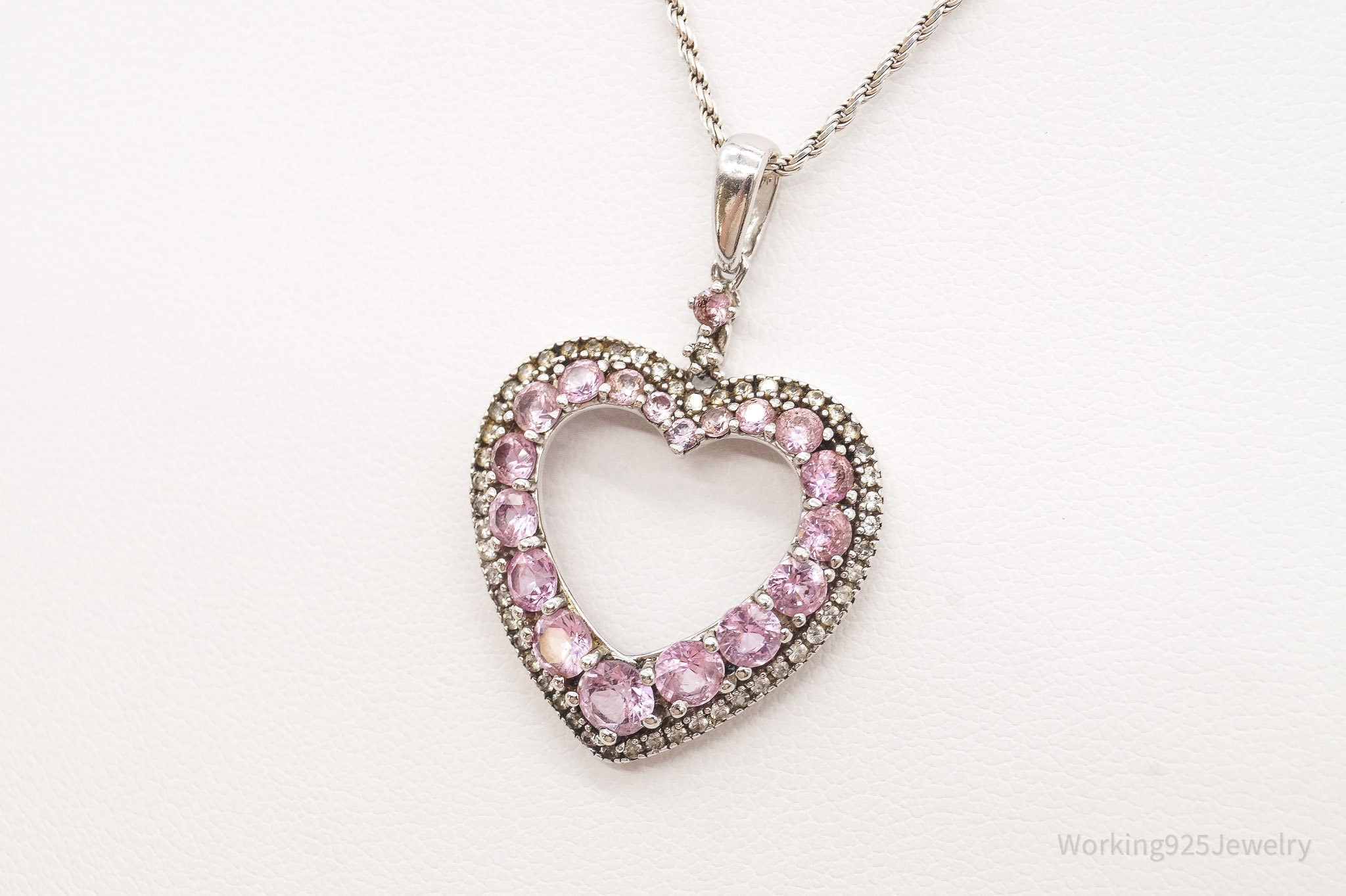 Vintage Pink & White Cubic Zirconia Heart Sterling Silver Necklace