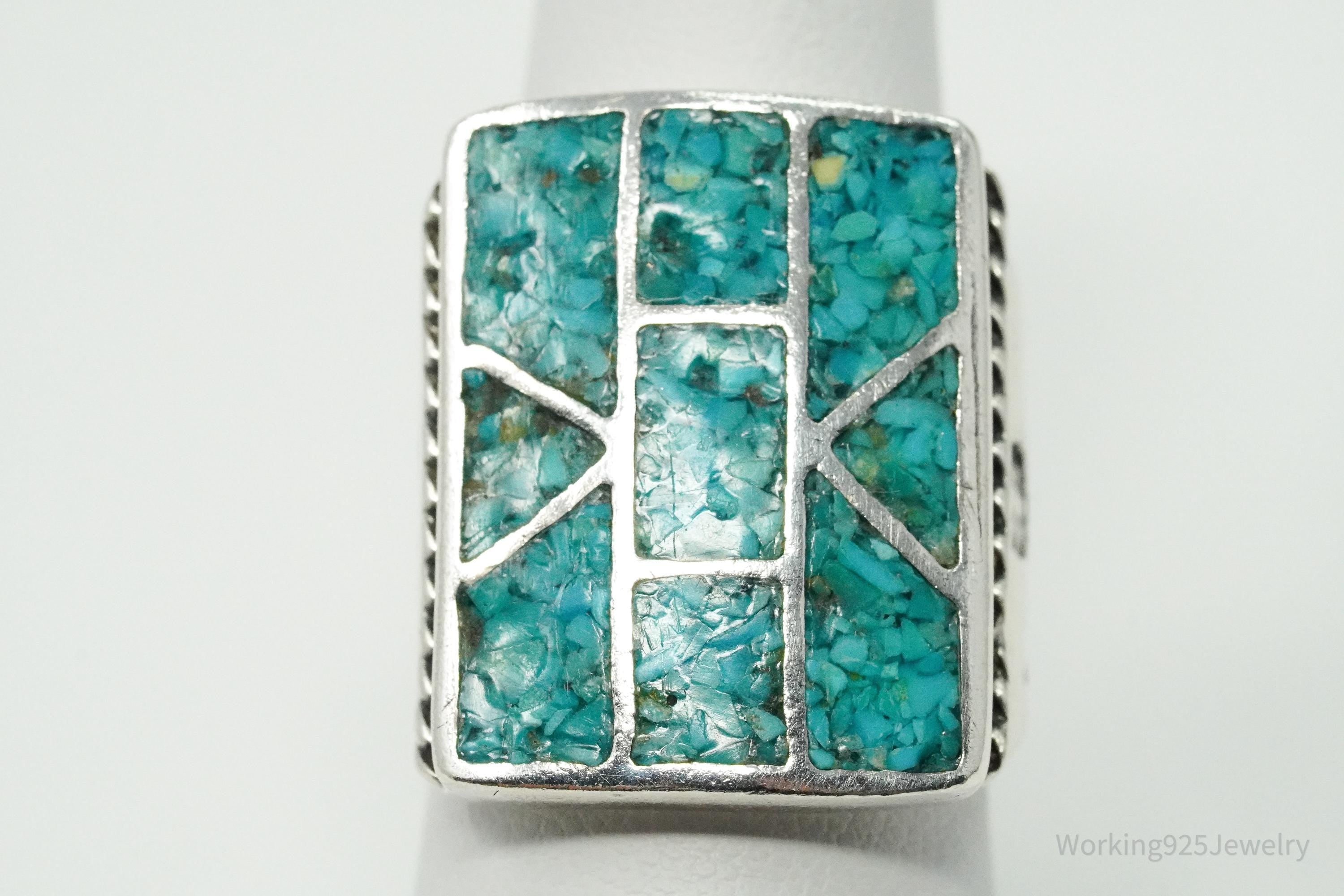 Vintage Native American Turquoise Inlay Unsigned Silver Ring - Size 7