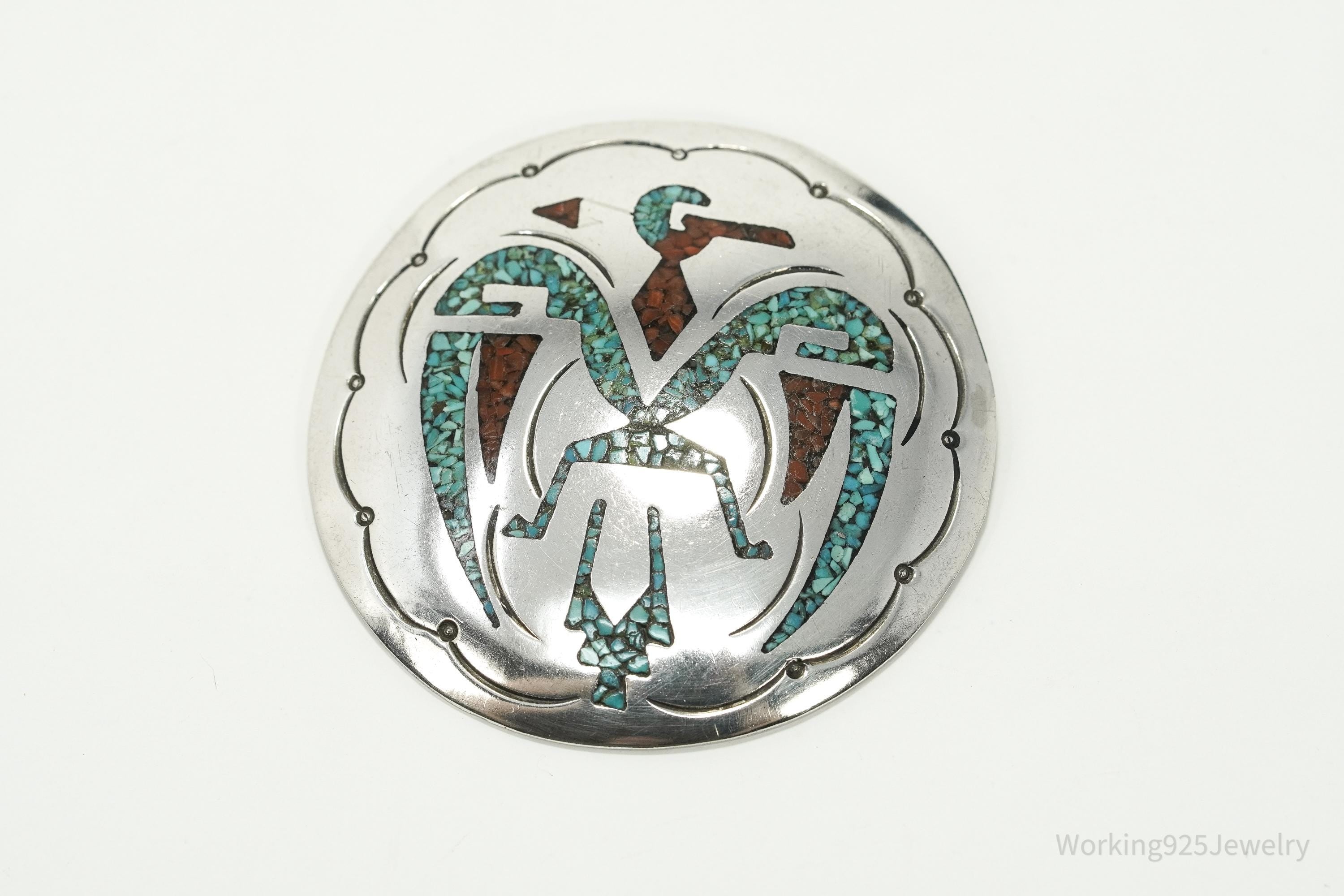 Large Vintage Native American K Turquoise & Coral Inlay Silver Necklace Pendant